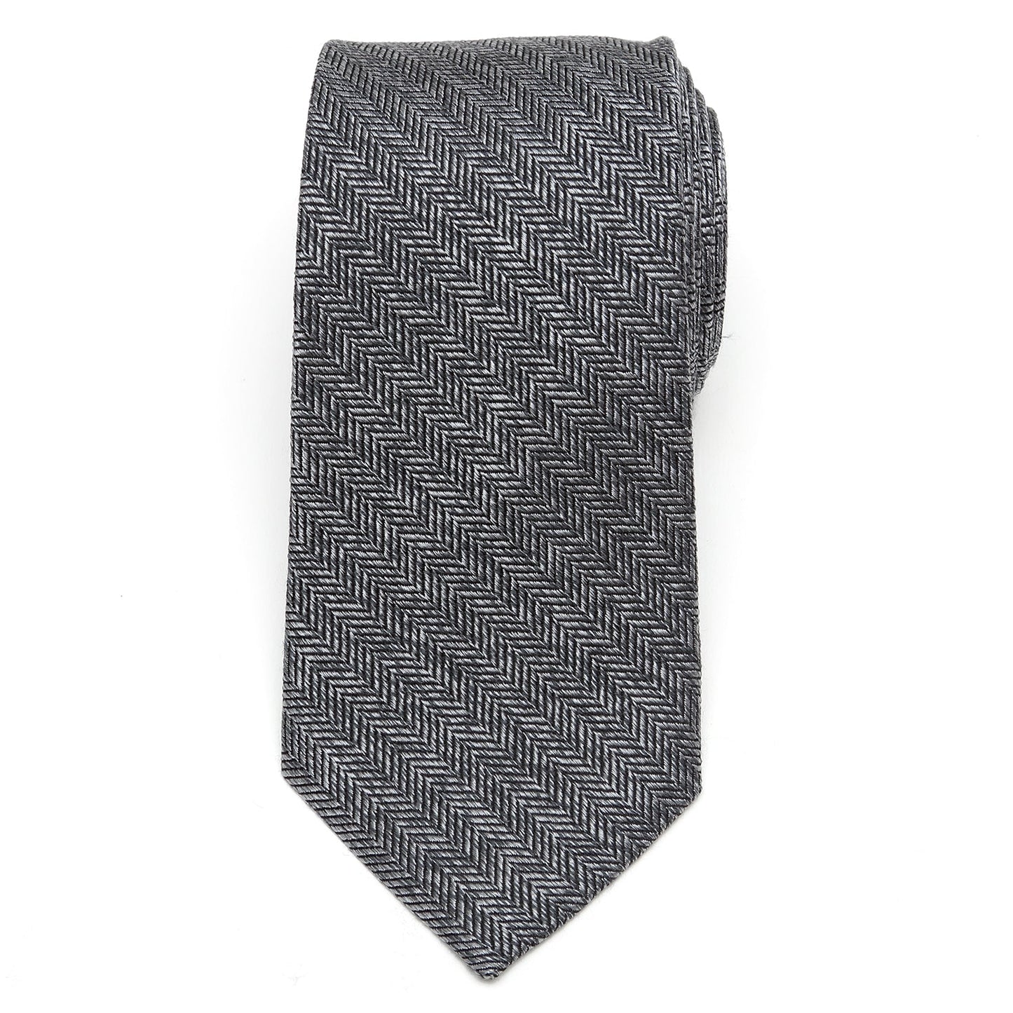 The Herringbone Men's Tie by Cufflinks.com features a rolled-up gray silk design with a classic herringbone stitch pattern on a white background.