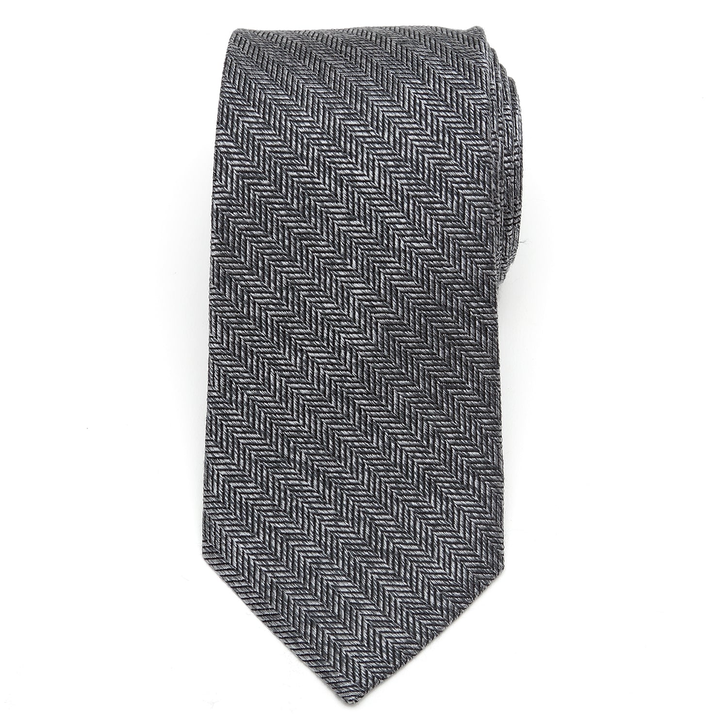 The Herringbone Men's Tie by Cufflinks.com features a rolled-up gray silk design with a classic herringbone stitch pattern on a white background.