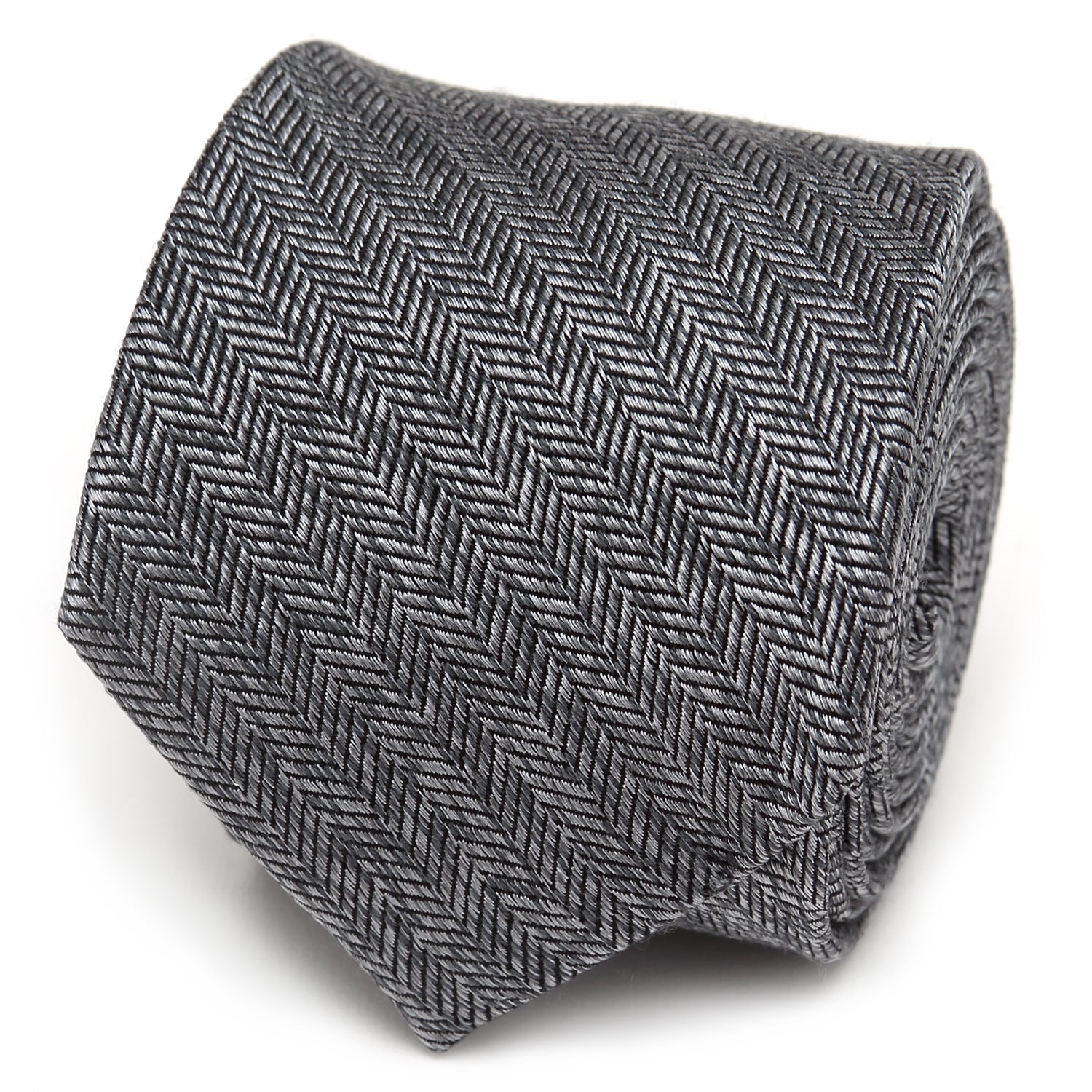 The Herringbone Men's Tie by Cufflinks.com features a rolled-up gray silk design with a classic herringbone stitch pattern on a white background.