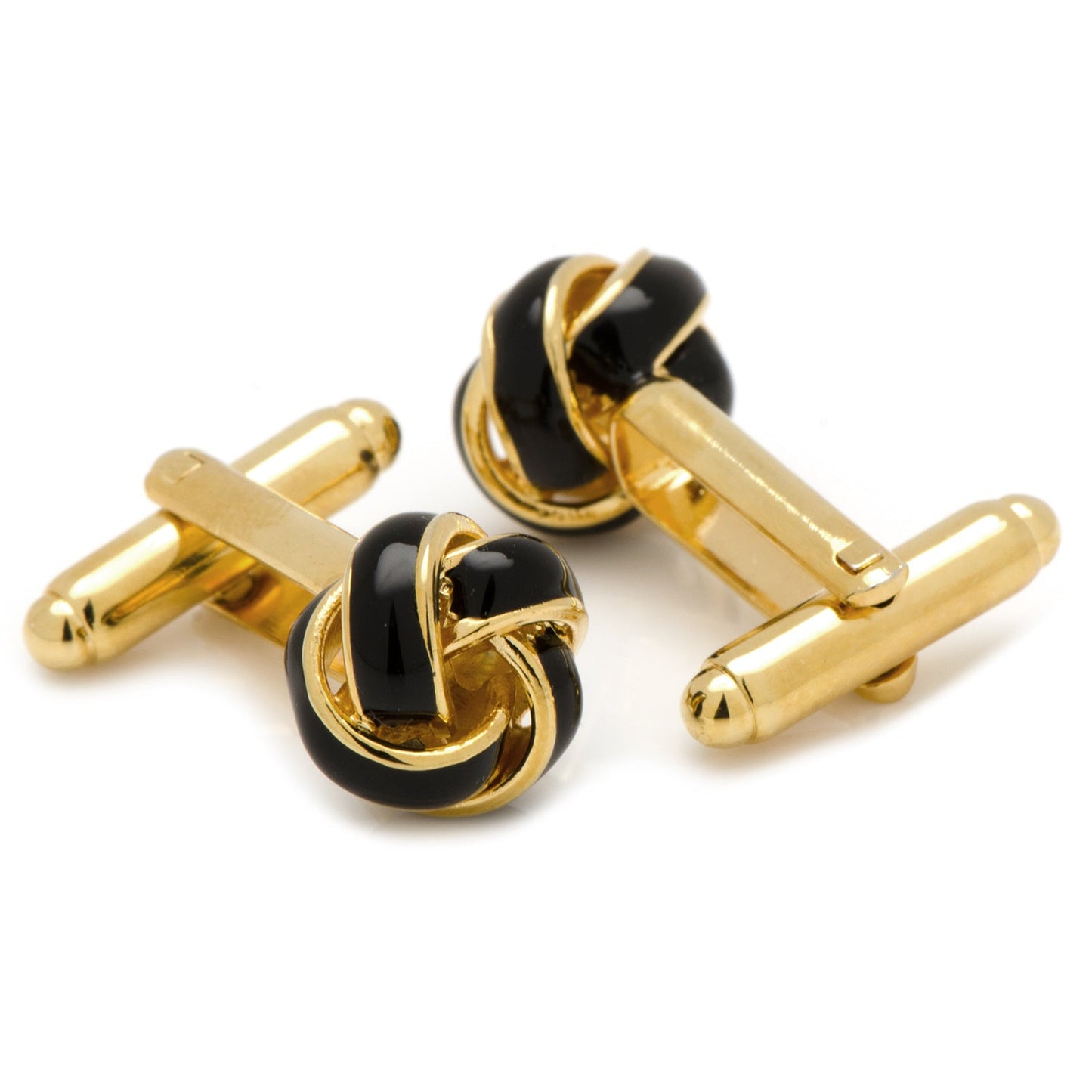 The Black and Gold Knot Cufflinks by Cufflinks.com feature a striking enamel finish, perfect for elevating any man's accessories, shown against a white background.