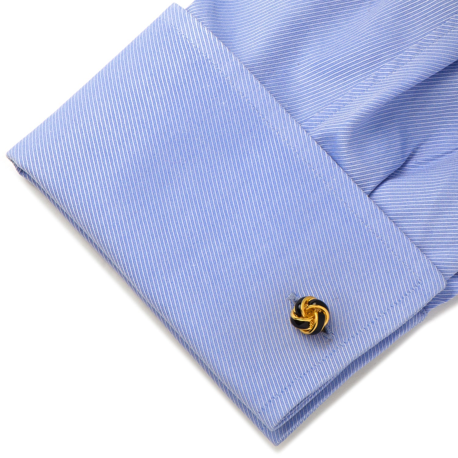 The Black and Gold Knot Cufflinks by Cufflinks.com feature a striking enamel finish, perfect for elevating any man's accessories, shown against a white background.