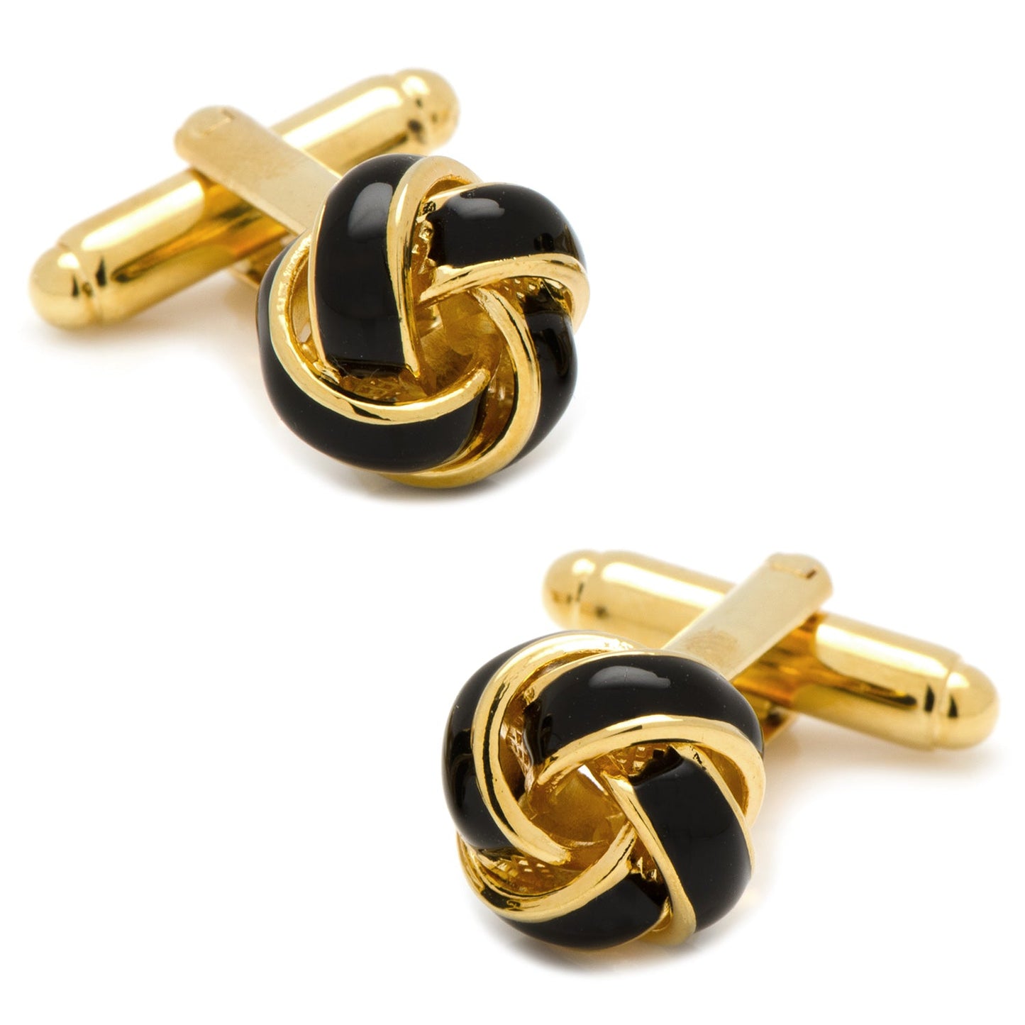 The Black and Gold Knot Cufflinks by Cufflinks.com feature a striking enamel finish, perfect for elevating any man's accessories, shown against a white background.