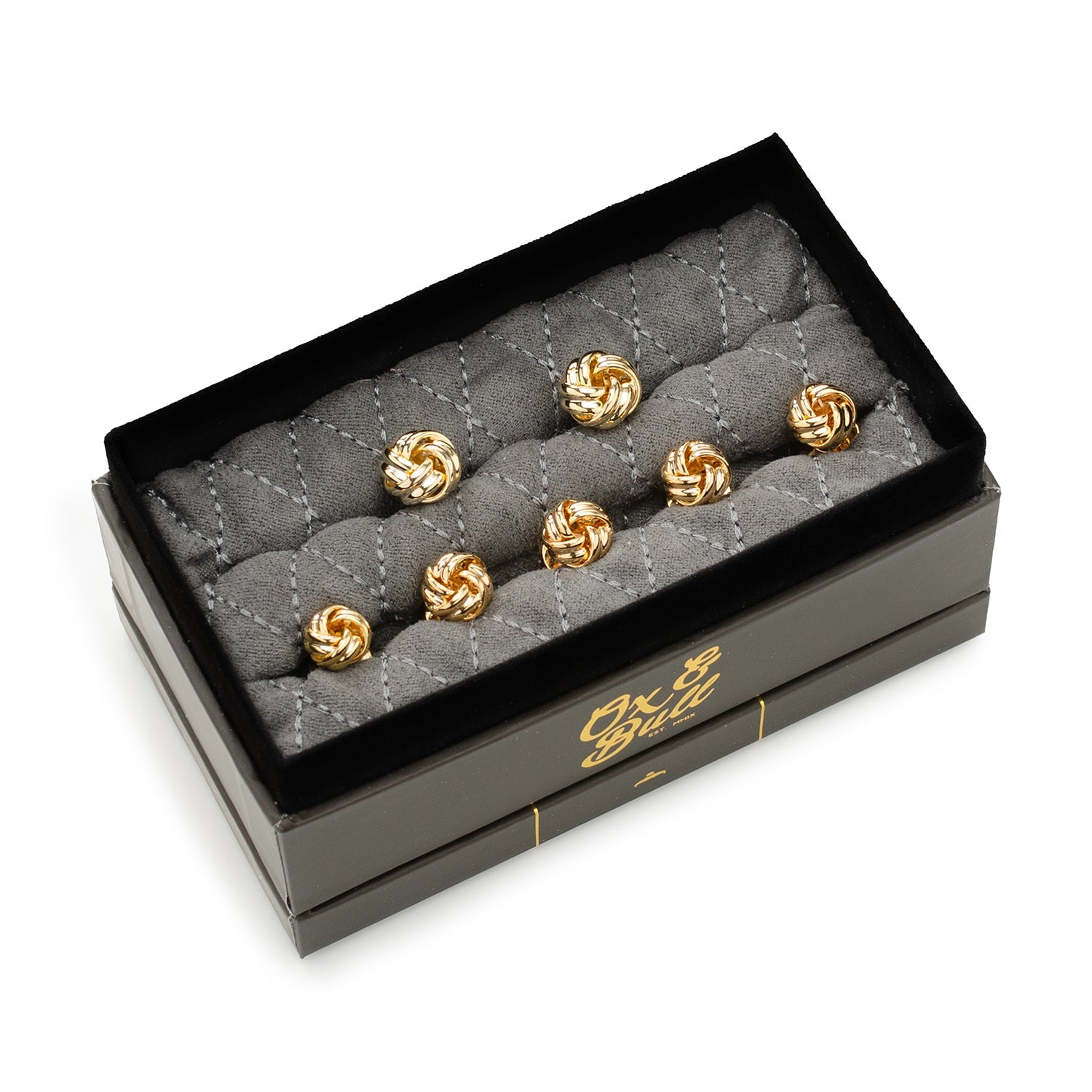 The Gold Knot 5-Stud Set by Cufflinks.com, arranged on a white background, offers matching gold knot cufflinks and tuxedo studs—ideal wedding accessories for a polished, timeless look.