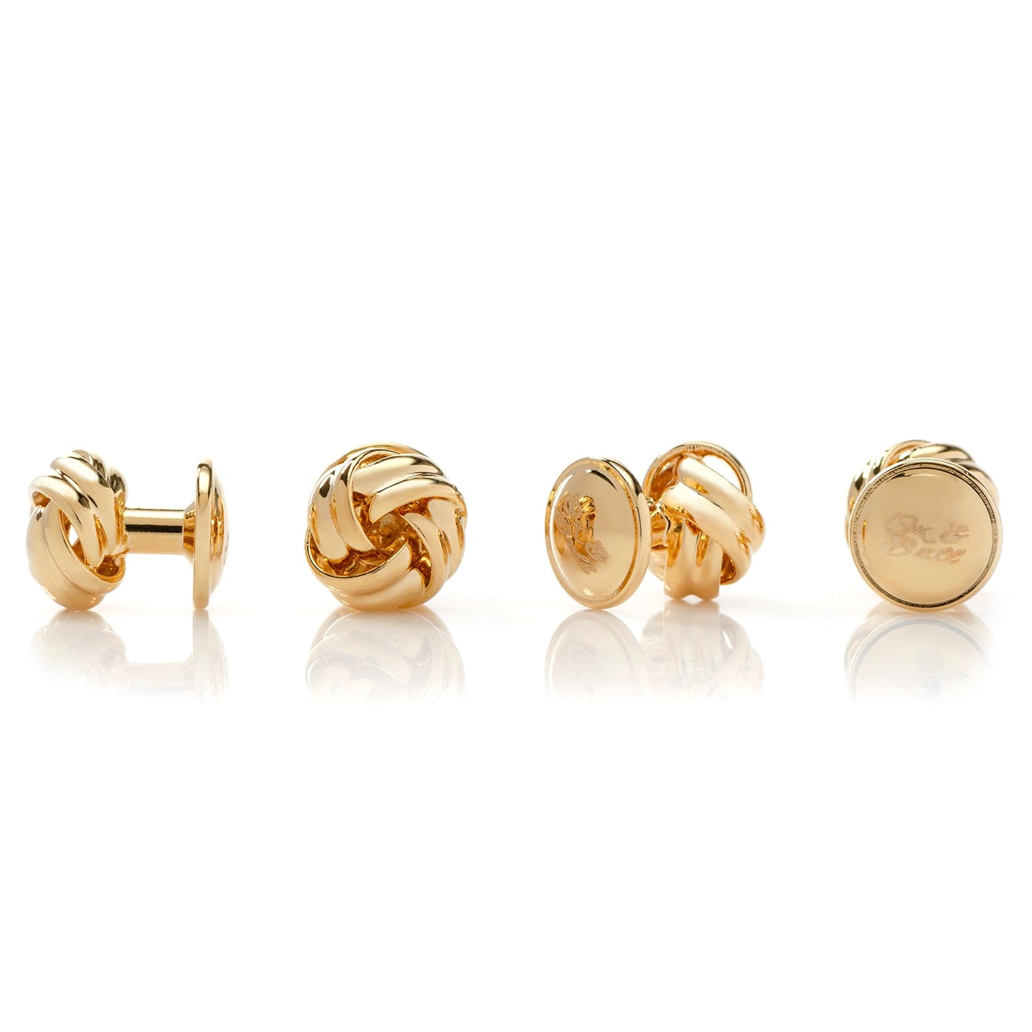 The Gold Knot 5-Stud Set by Cufflinks.com, arranged on a white background, offers matching gold knot cufflinks and tuxedo studs—ideal wedding accessories for a polished, timeless look.