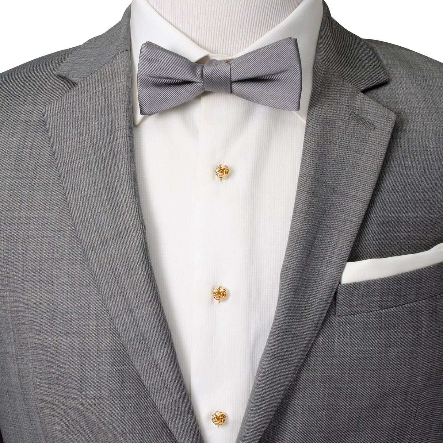 The Gold Knot 5-Stud Set by Cufflinks.com, arranged on a white background, offers matching gold knot cufflinks and tuxedo studs—ideal wedding accessories for a polished, timeless look.