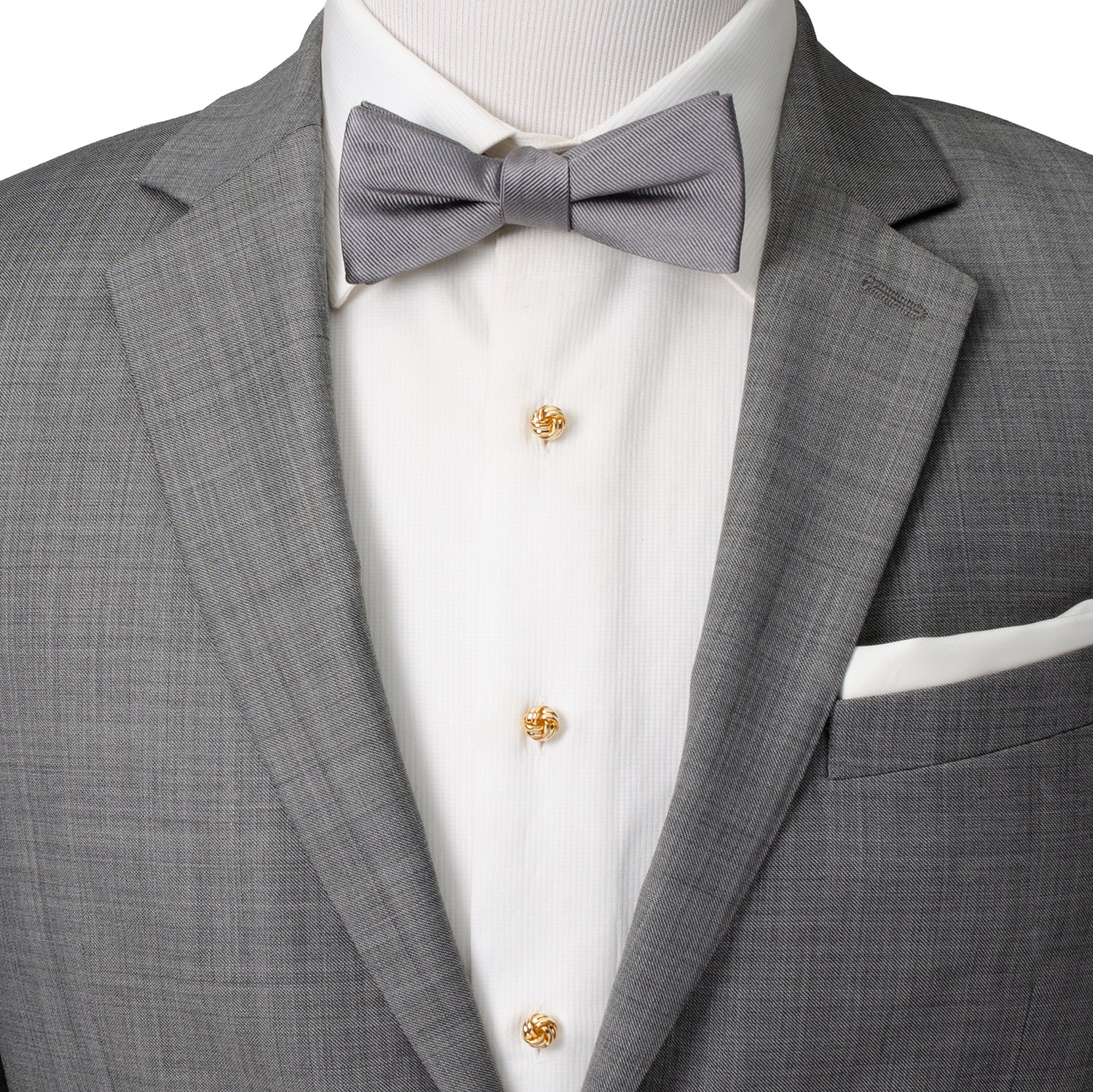 The Gold Knot 5-Stud Set by Cufflinks.com, arranged on a white background, offers matching gold knot cufflinks and tuxedo studs—ideal wedding accessories for a polished, timeless look.