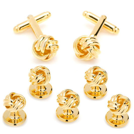 The Gold Knot 5-Stud Set by Cufflinks.com, arranged on a white background, offers matching gold knot cufflinks and tuxedo studs—ideal wedding accessories for a polished, timeless look.