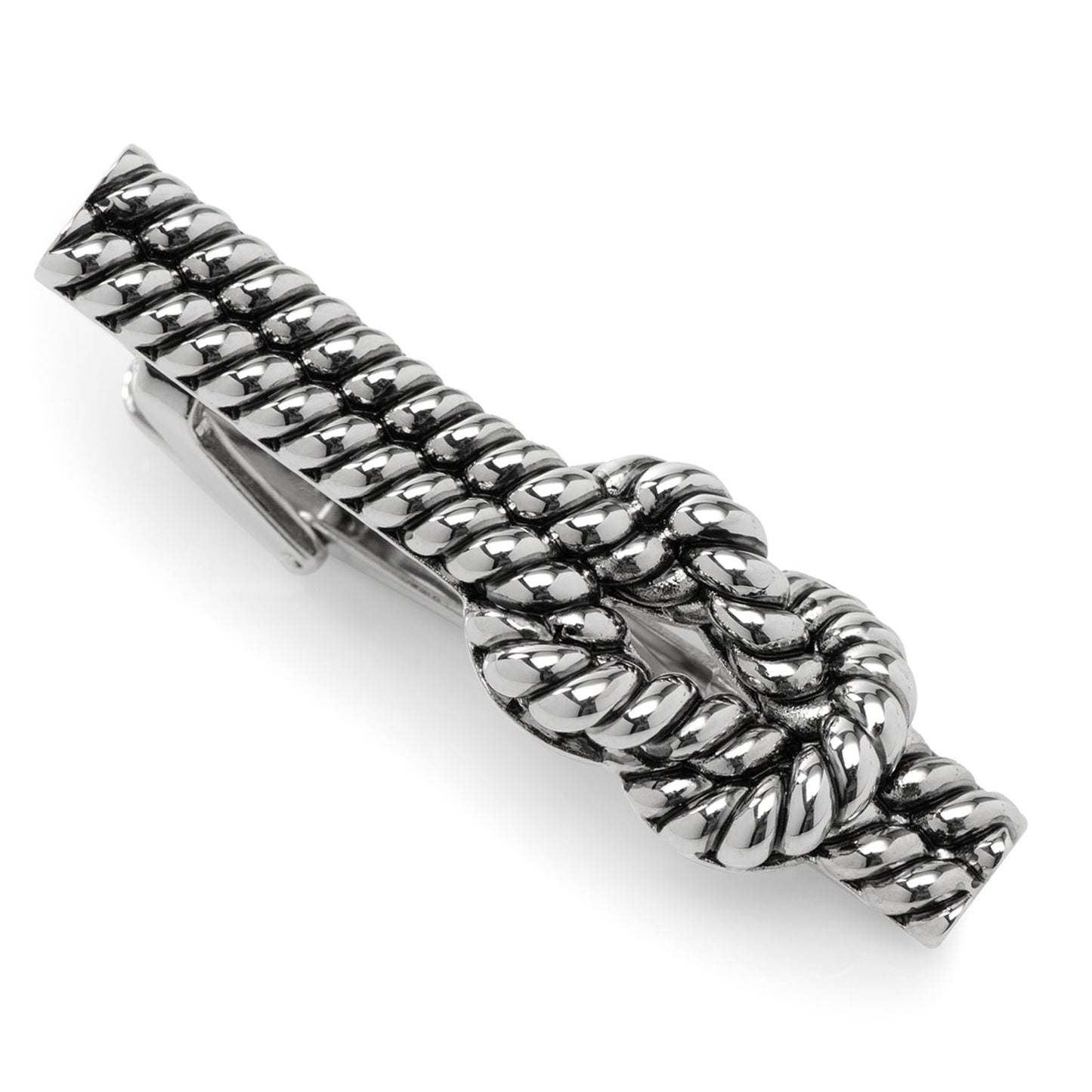 The Silver Knot Rope Tie Clip by Cufflinks.com features a twisted rope knot design in silver, shown on a white background.