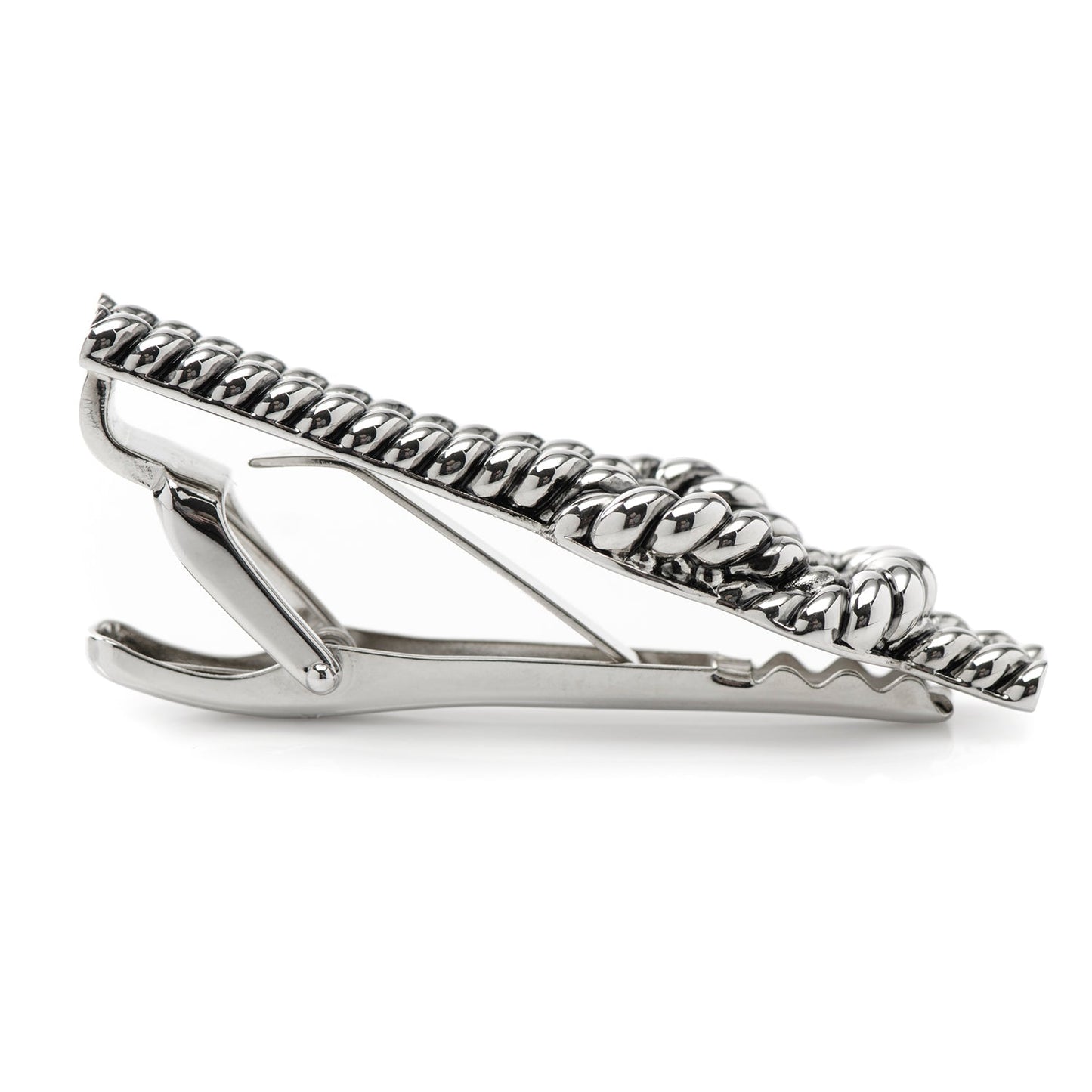 The Silver Knot Rope Tie Clip by Cufflinks.com features a twisted rope knot design in silver, shown on a white background.