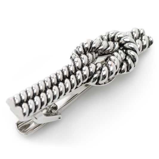 The Silver Knot Rope Tie Clip by Cufflinks.com features a twisted rope knot design in silver, shown on a white background.