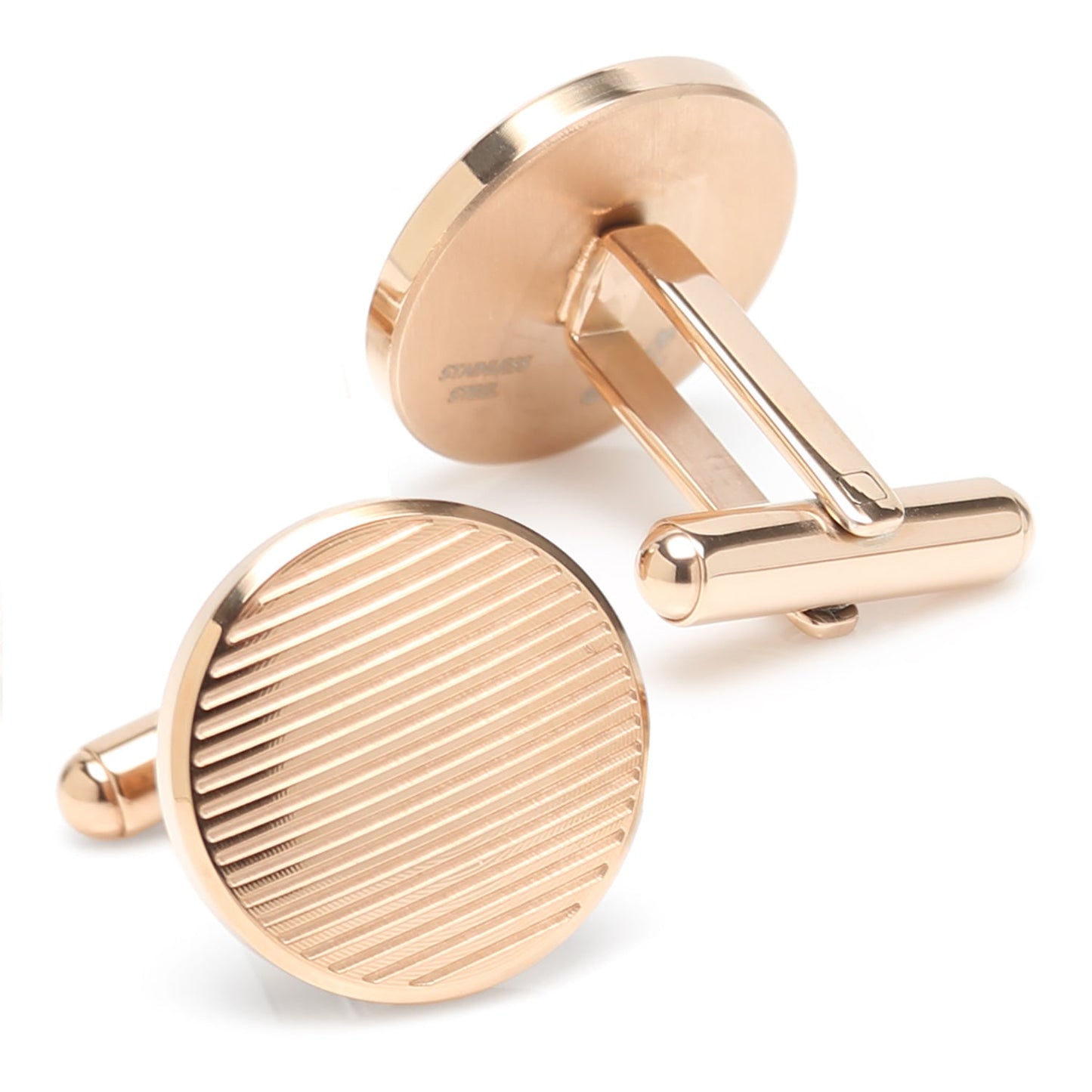 Rose Gold Line Stainless Steel Cufflinks by Cufflinks.com feature a round face with diagonal stripes, showcased against a white background—an elegant addition to men’s accessories.