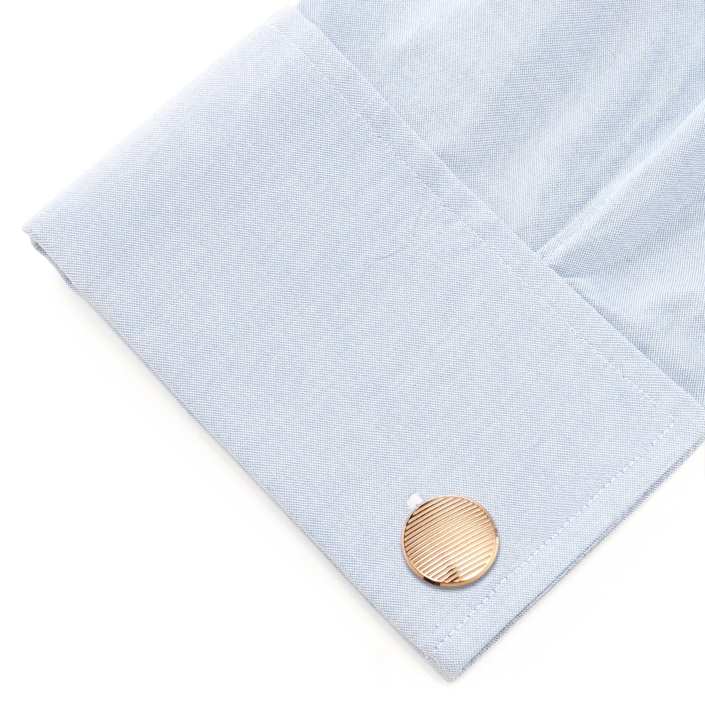 Rose Gold Line Stainless Steel Cufflinks by Cufflinks.com feature a round face with diagonal stripes, showcased against a white background—an elegant addition to men’s accessories.