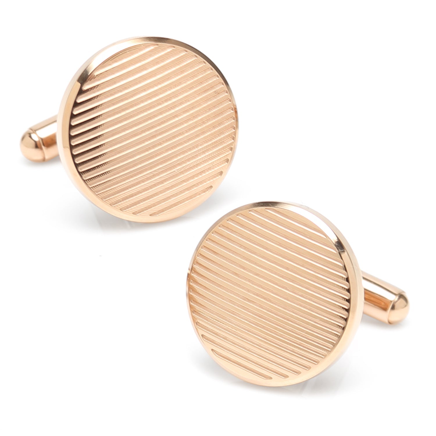 The Rose Gold Line Stainless Steel Cufflinks by Cufflinks.com feature a ribbed textured face with smooth sides and back—an elegant men’s accessory.