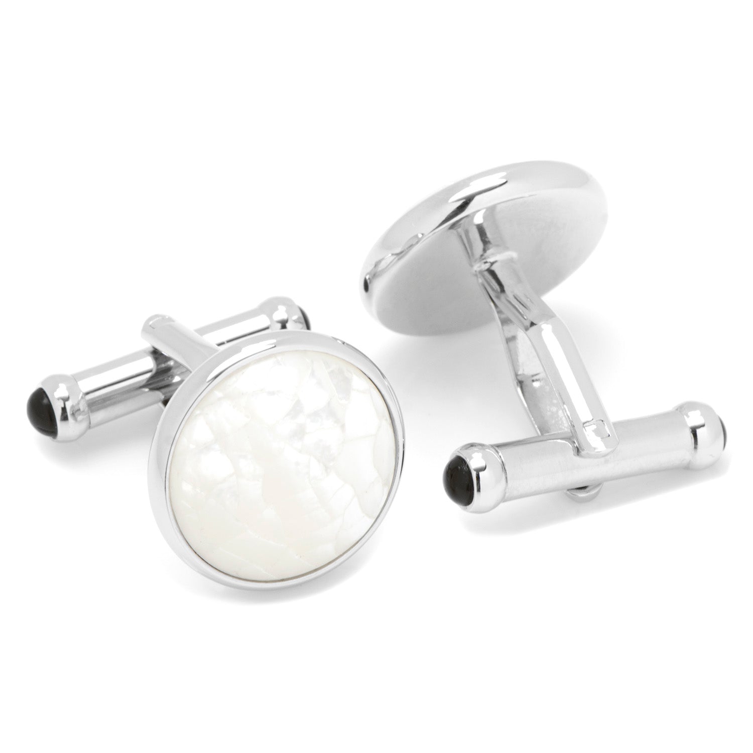 Mosaic Mother of Pearl Cufflinks by Cufflinks.com feature round silver design with white mosaic-style inlay and black accents—a sophisticated men’s accessory.