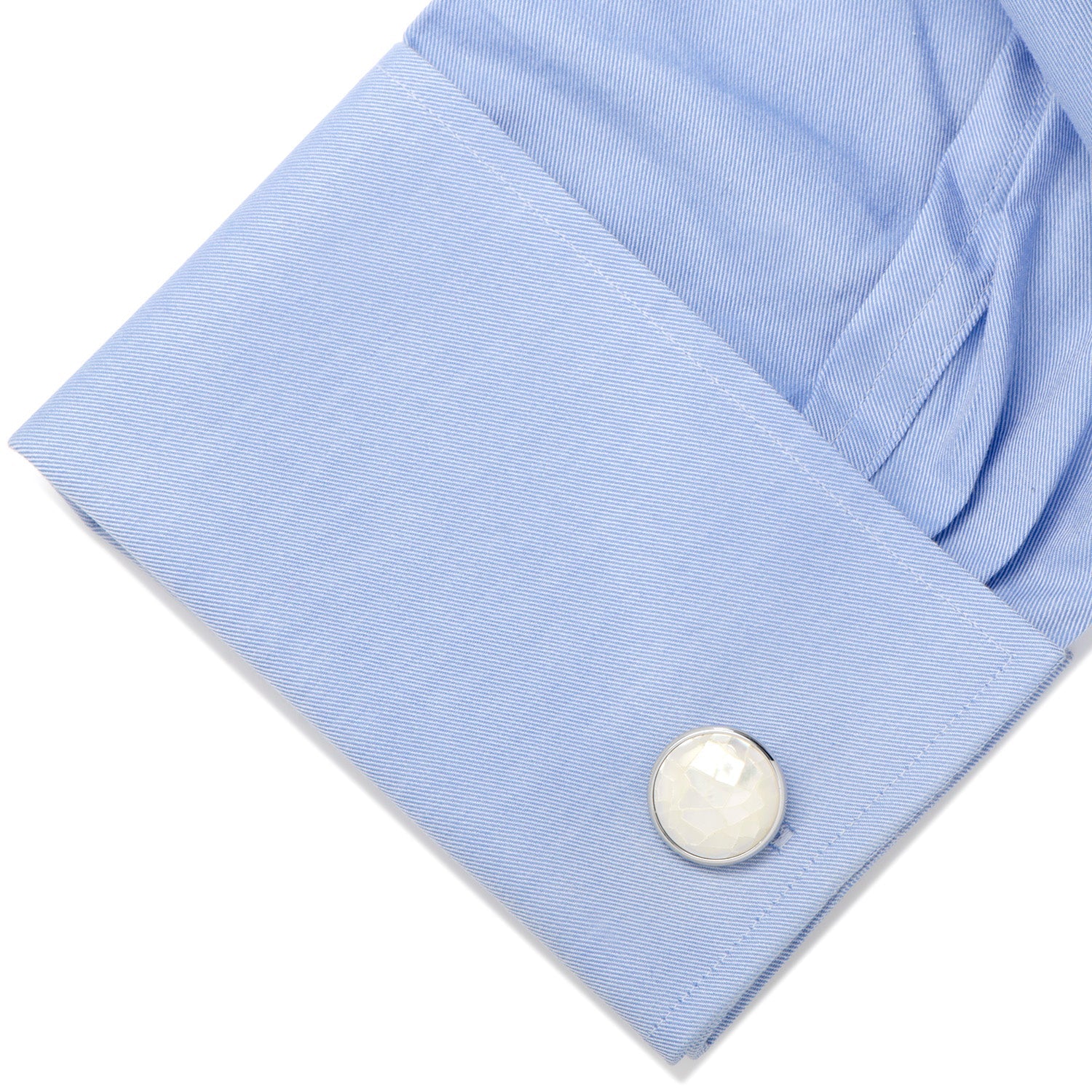 Mosaic Mother of Pearl Cufflinks by Cufflinks.com feature round silver design with white mosaic-style inlay and black accents—a sophisticated men’s accessory.