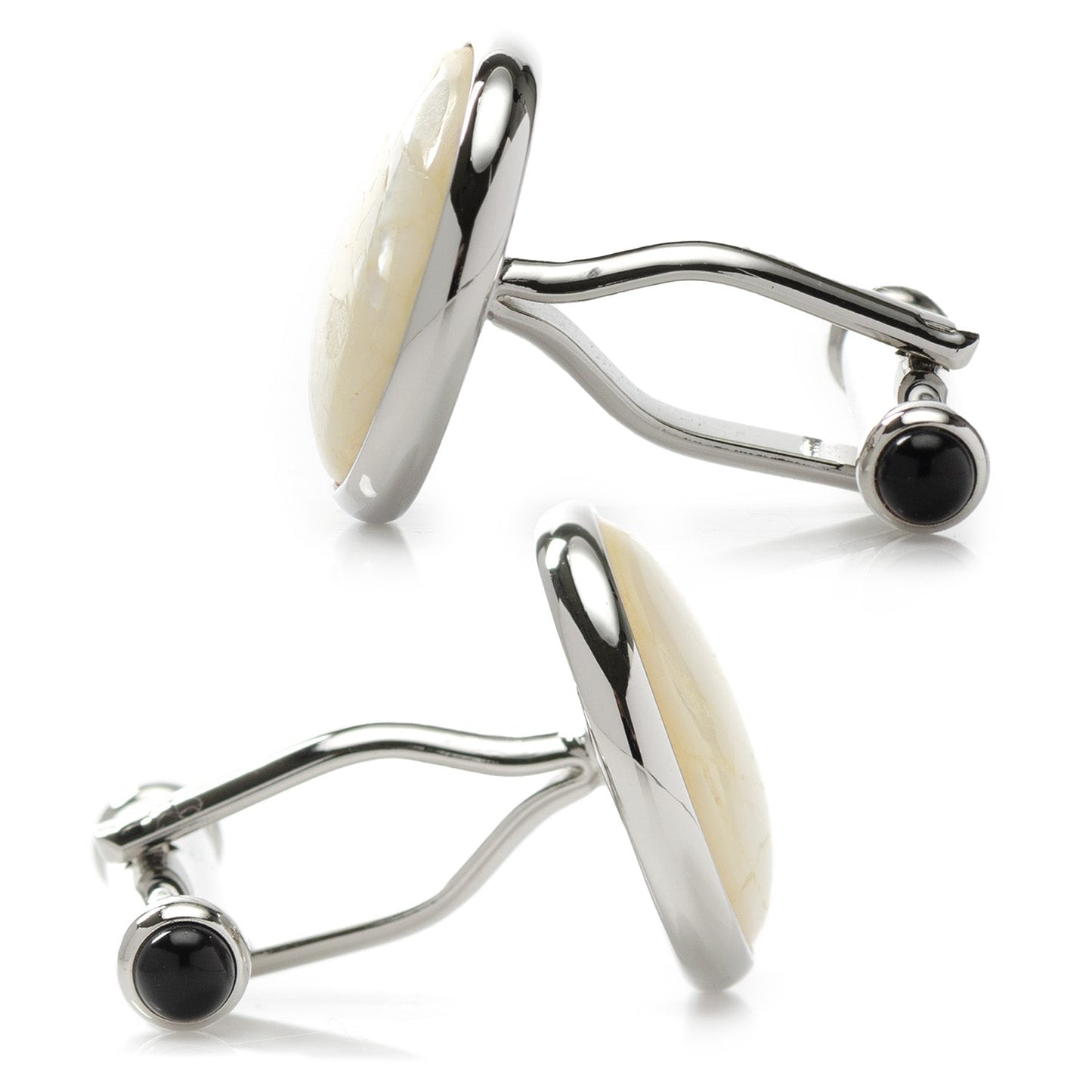 Mosaic Mother of Pearl Cufflinks by Cufflinks.com feature round silver design with white mosaic-style inlay and black accents—a sophisticated men’s accessory.
