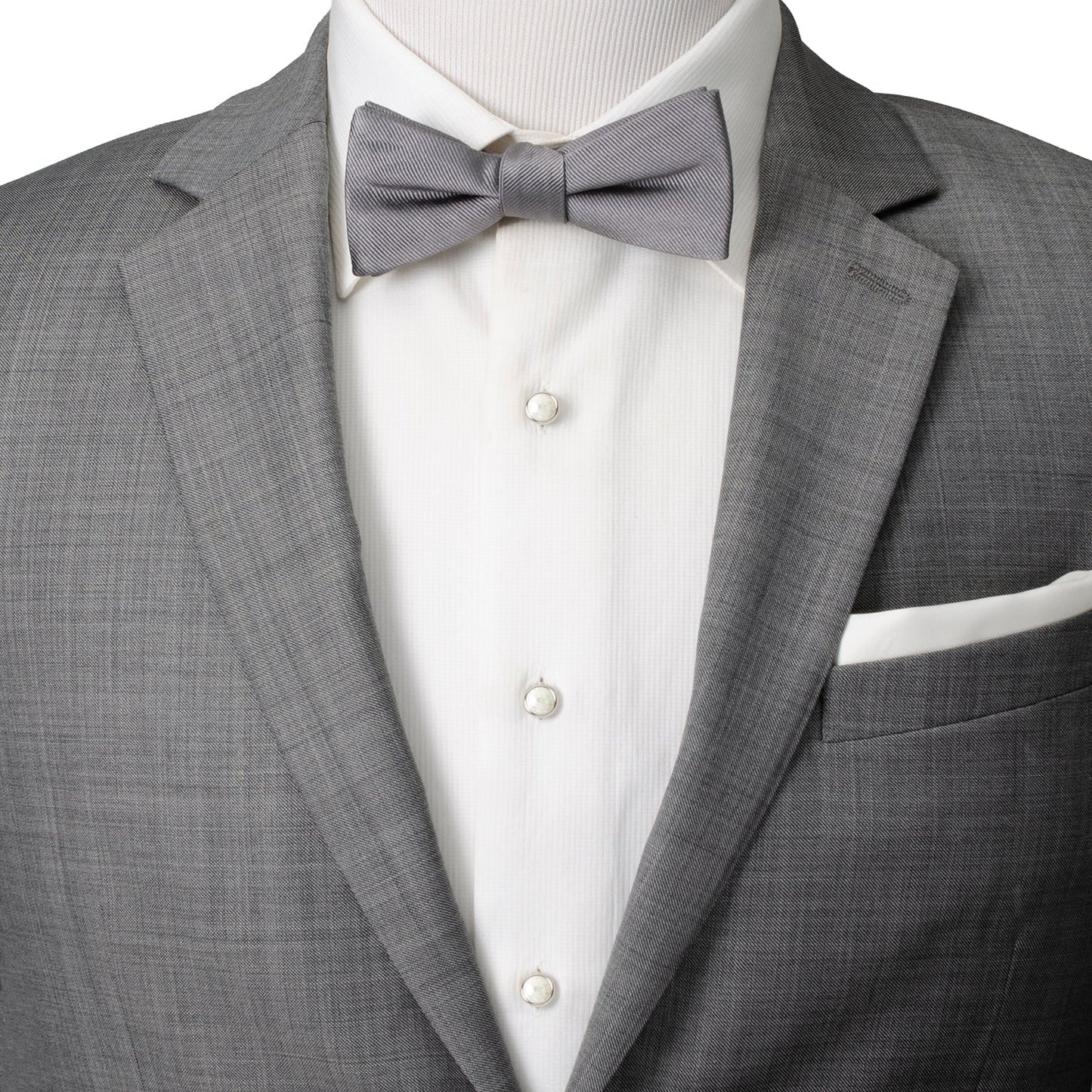 The Mosaic Mother of Pearl 5-Studs by Cufflinks.com features five elegant silver square studs set with round white stones, arranged in a loose V shape—perfect for tuxedo shirts.