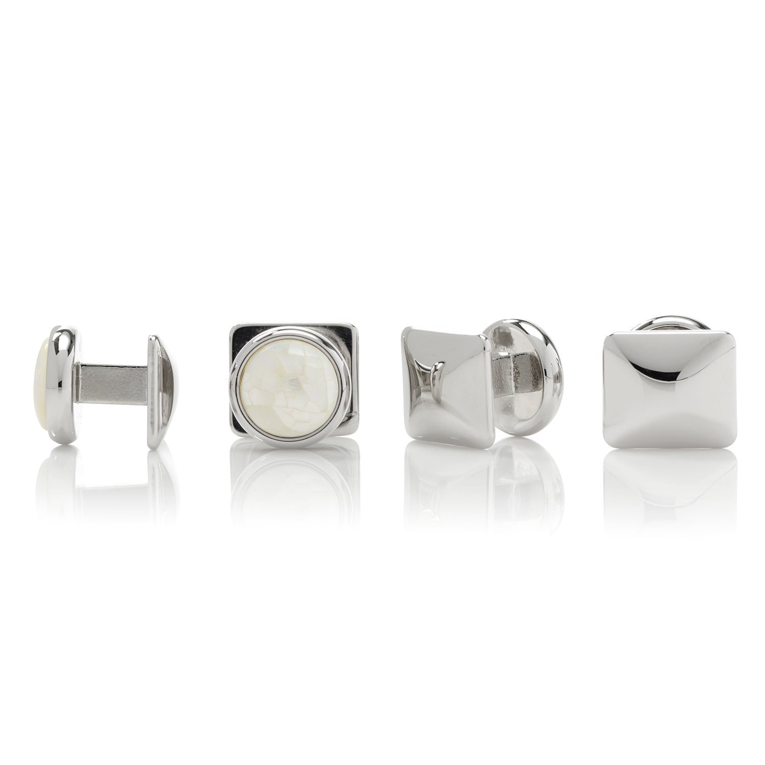 The Mosaic Mother of Pearl 5-Studs by Cufflinks.com features five elegant silver square studs set with round white stones, arranged in a loose V shape—perfect for tuxedo shirts.