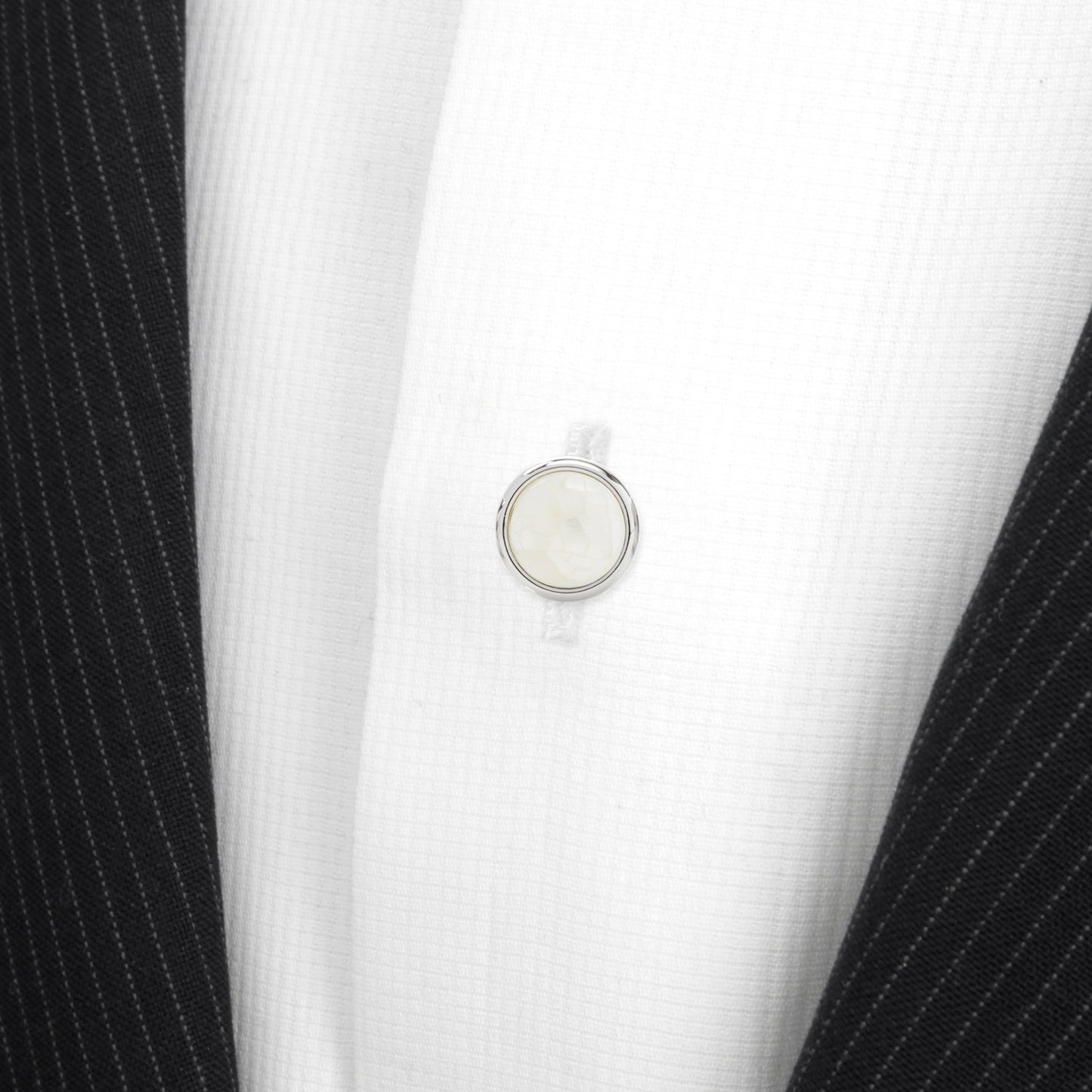 The Mosaic Mother of Pearl 5-Studs by Cufflinks.com features five elegant silver square studs set with round white stones, arranged in a loose V shape—perfect for tuxedo shirts.