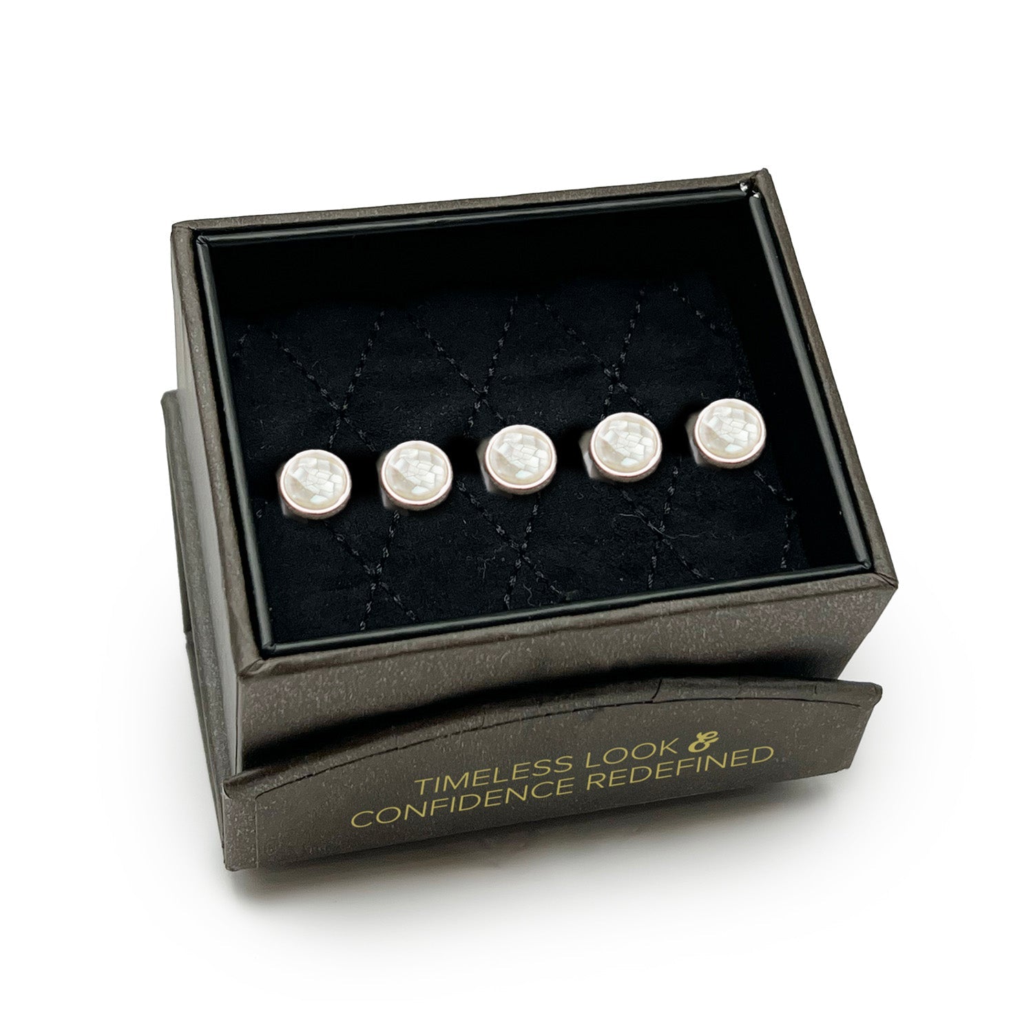 The Mosaic Mother of Pearl 5-Studs by Cufflinks.com features five elegant silver square studs set with round white stones, arranged in a loose V shape—perfect for tuxedo shirts.