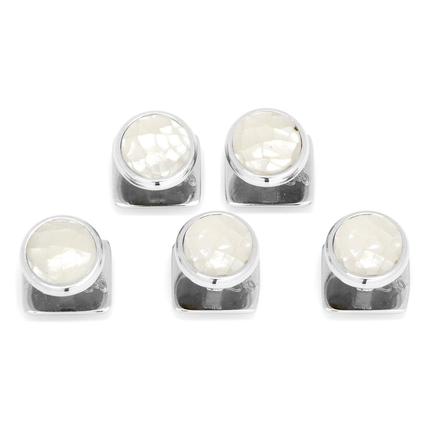 The Mosaic Mother of Pearl 5-Studs by Cufflinks.com features five elegant silver square studs set with round white stones, arranged in a loose V shape—perfect for tuxedo shirts.