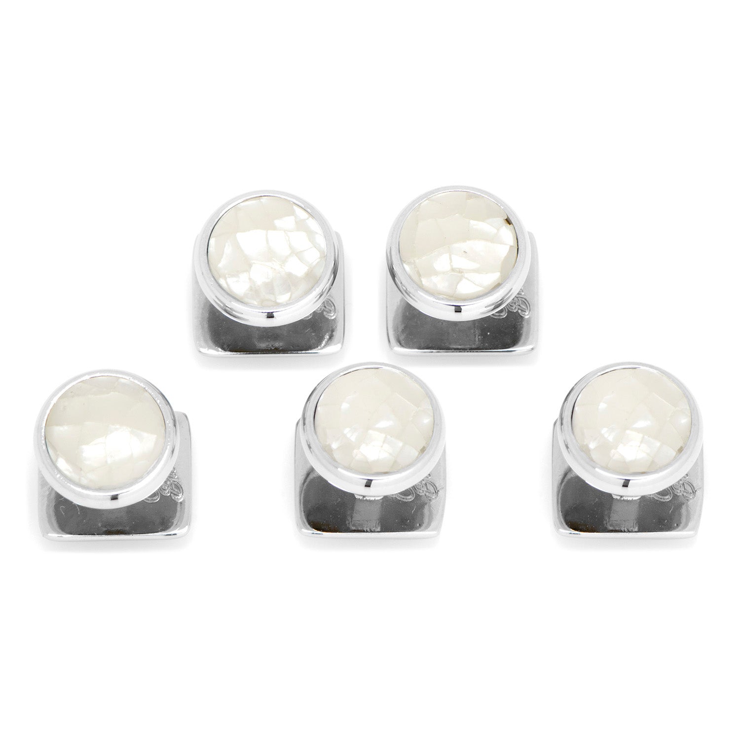 The Mosaic Mother of Pearl 5-Studs by Cufflinks.com features five elegant silver square studs set with round white stones, arranged in a loose V shape—perfect for tuxedo shirts.