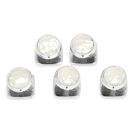 The Mosaic Mother of Pearl 5-Studs by Cufflinks.com features five elegant silver square studs set with round white stones, arranged in a loose V shape—perfect for tuxedo shirts.