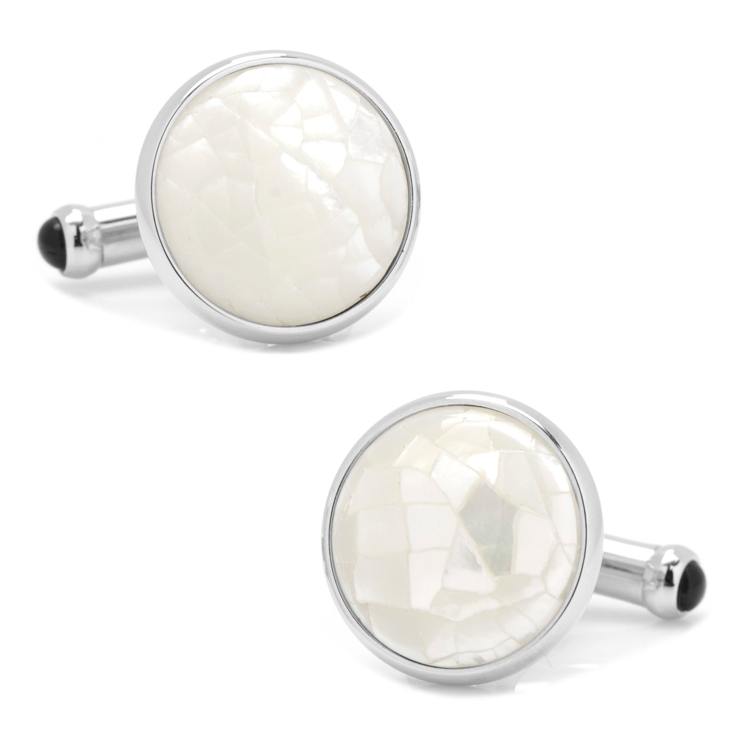 Mosaic Mother of Pearl Cufflinks by Cufflinks.com feature round silver design with white mosaic-style inlay and black accents—a sophisticated men’s accessory.