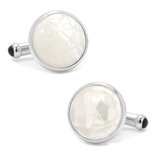 Mosaic Mother of Pearl Cufflinks by Cufflinks.com feature round silver design with white mosaic-style inlay and black accents—a sophisticated men’s accessory.