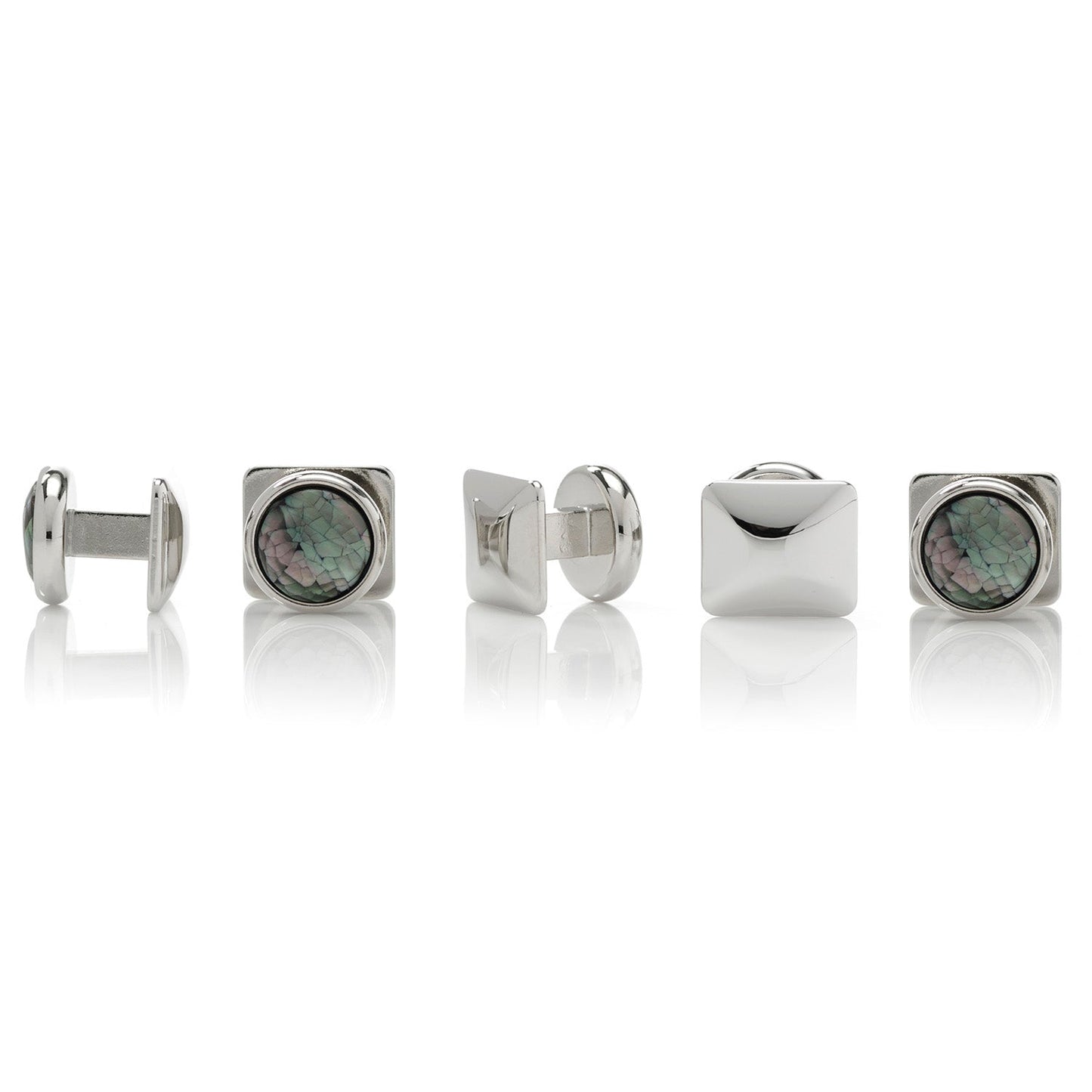 The Mosaic Smoke Mother of Pearl 5-Stud Set by Cufflinks.com features round, iridescent shell inlays that create a striking mosaic pattern on cufflinks and silver studs.