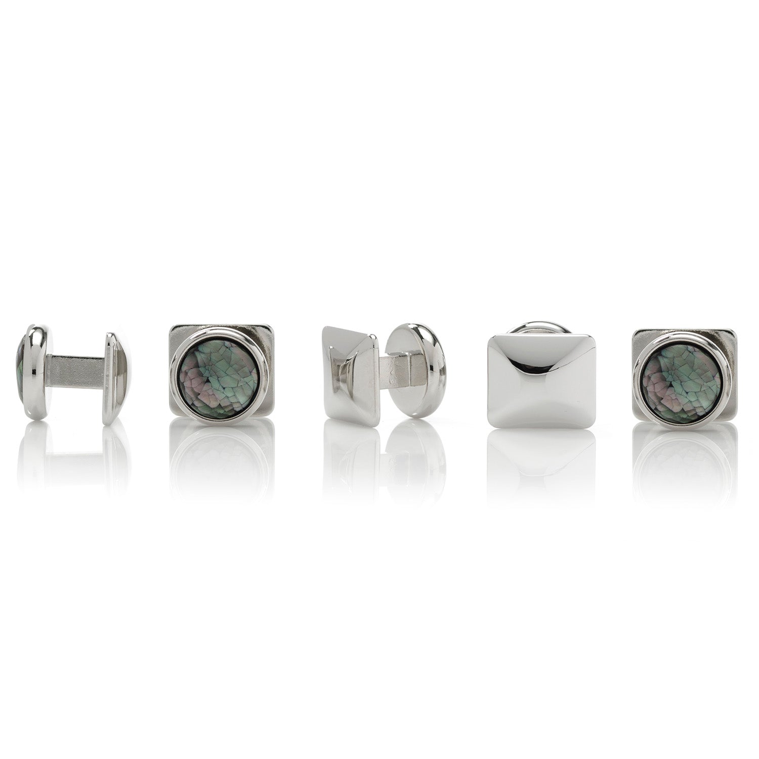The Mosaic Smoke Mother of Pearl 5-Stud Set by Cufflinks.com features round, iridescent shell inlays that create a striking mosaic pattern on cufflinks and silver studs.