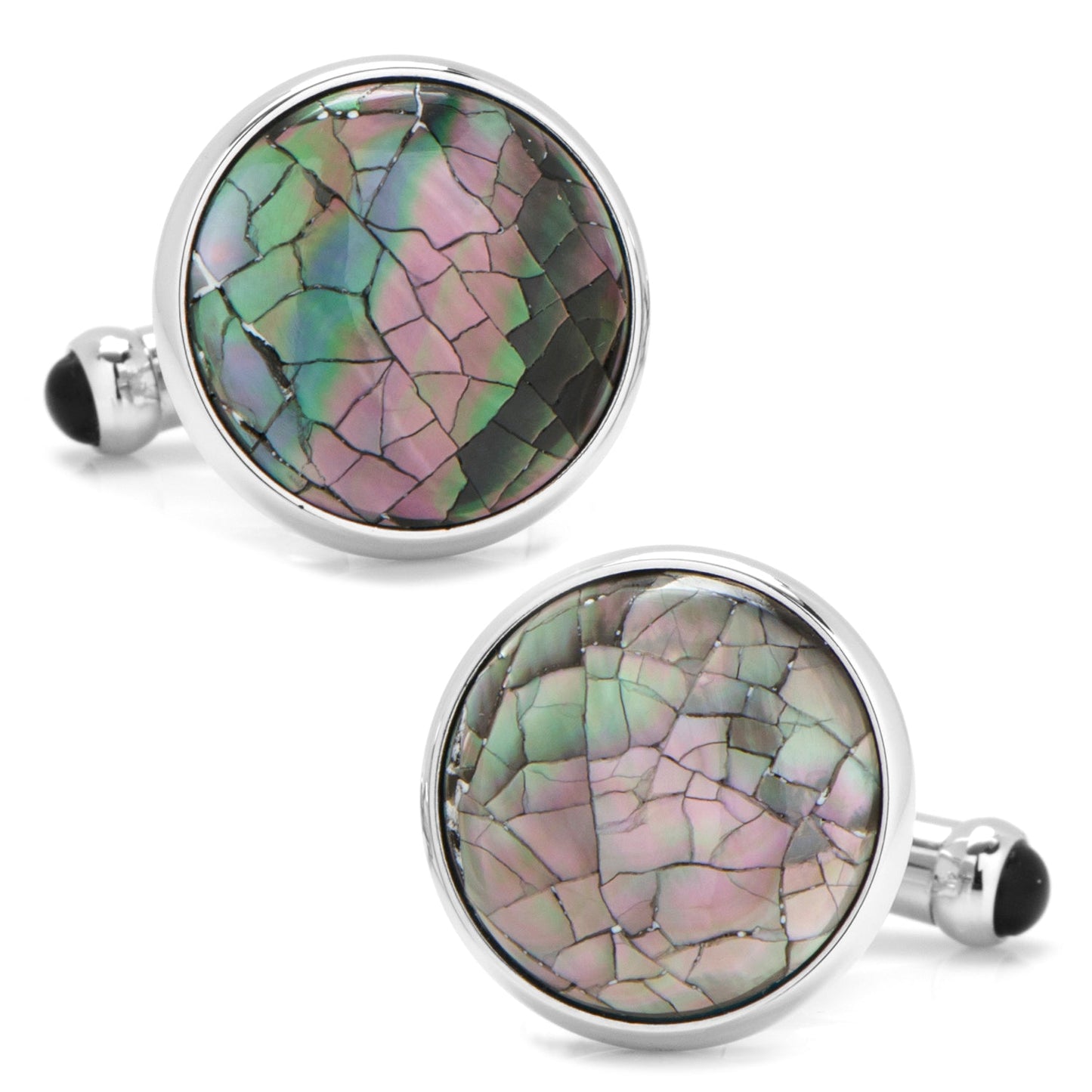 The Mosaic Smoke Mother of Pearl 5-Stud Set by Cufflinks.com features round, iridescent shell inlays that create a striking mosaic pattern on cufflinks and silver studs.