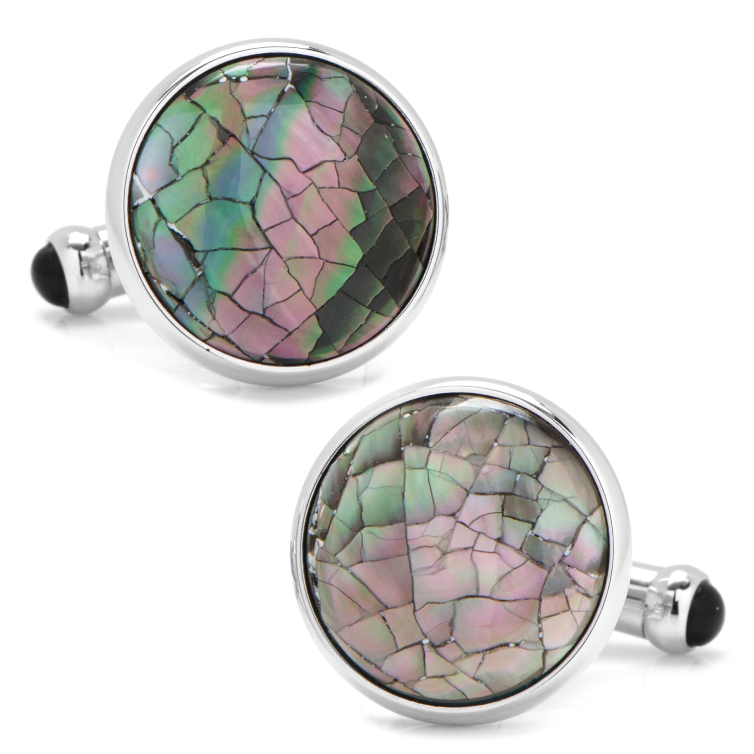 The Mosaic Smoke Mother of Pearl 5-Stud Set by Cufflinks.com features round, iridescent shell inlays that create a striking mosaic pattern on cufflinks and silver studs.