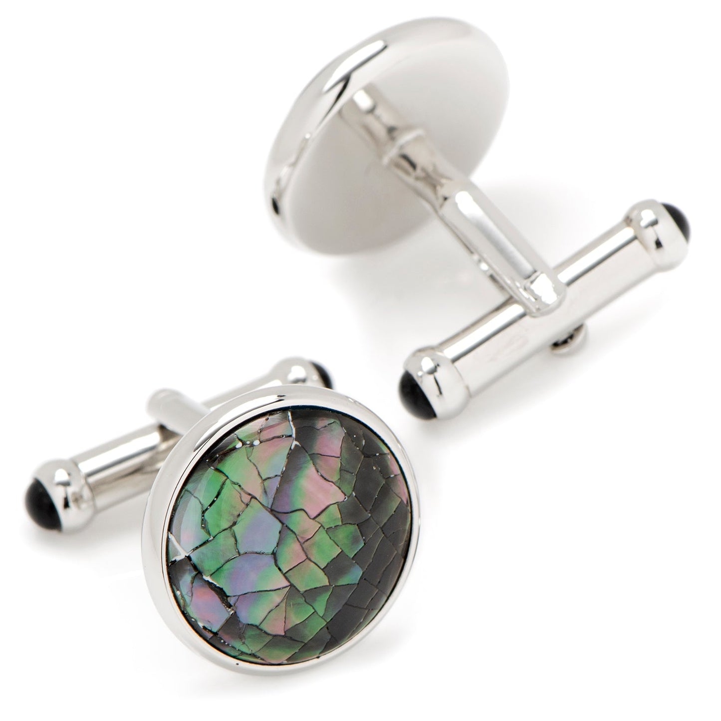 The Mosaic Smoke Mother of Pearl 5-Stud Set by Cufflinks.com features round, iridescent shell inlays that create a striking mosaic pattern on cufflinks and silver studs.