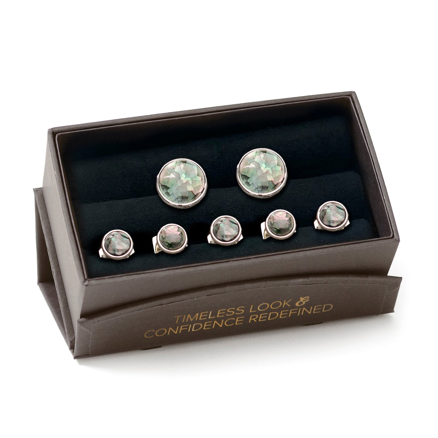 The Mosaic Smoke Mother of Pearl 5-Stud Set by Cufflinks.com features round, iridescent shell inlays that create a striking mosaic pattern on cufflinks and silver studs.