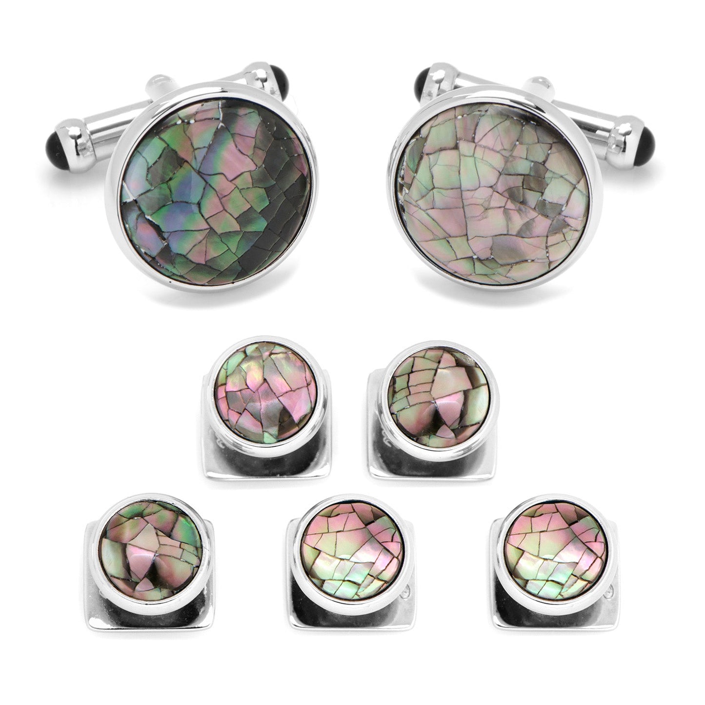 The Mosaic Smoke Mother of Pearl 5-Stud Set by Cufflinks.com features round, iridescent shell inlays that create a striking mosaic pattern on cufflinks and silver studs.