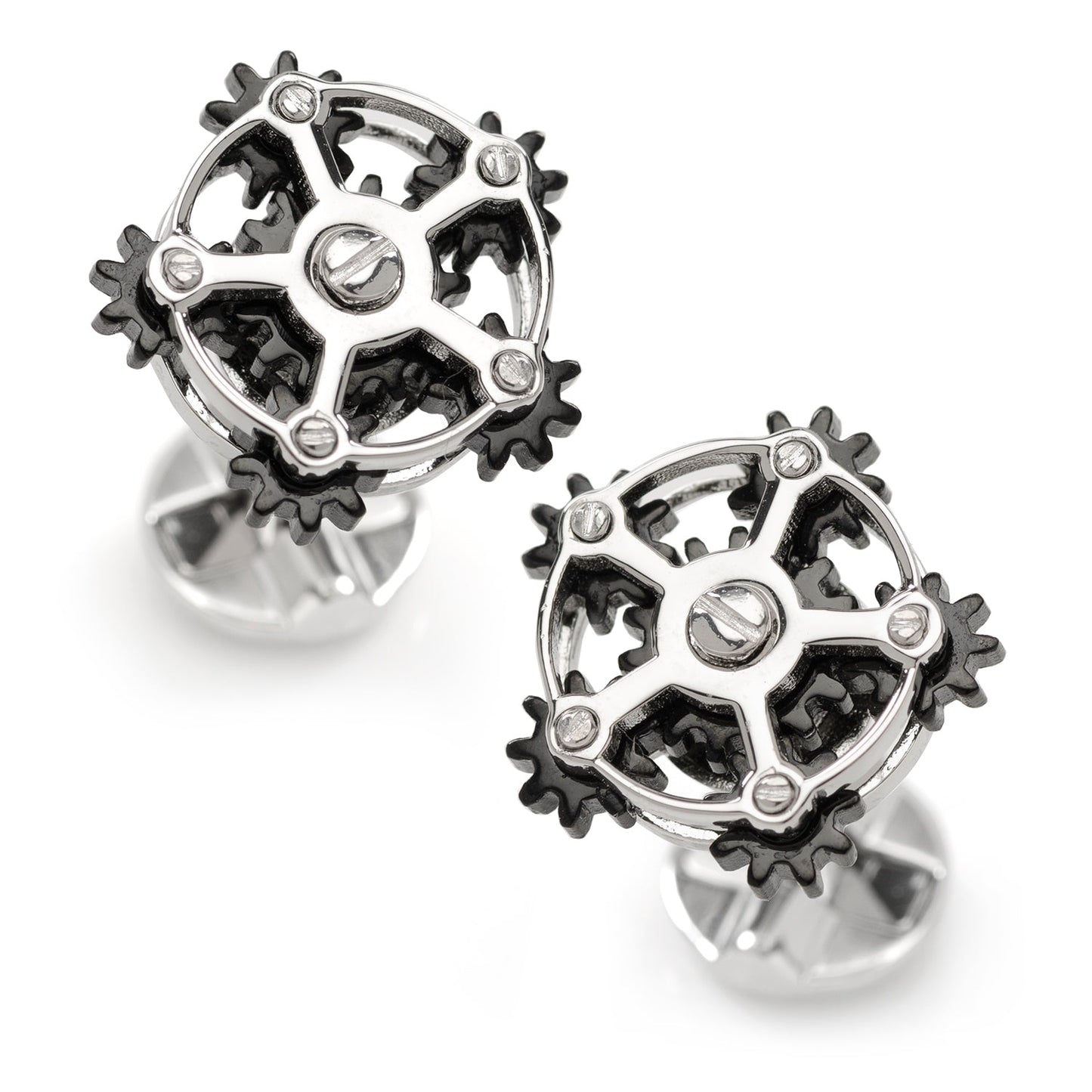 The Rotating Gear Cufflinks by Cufflinks.com feature a sterling silver and black design resembling interlocking gears, shown on a white background.