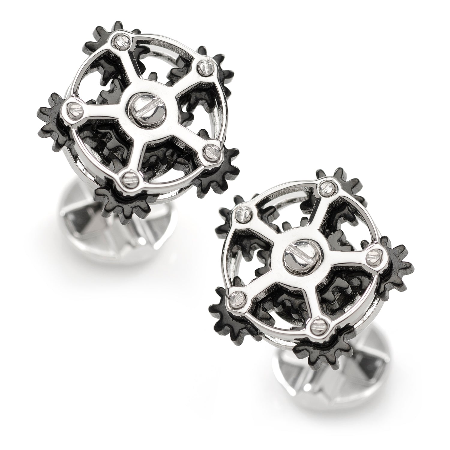 The Rotating Gear Cufflinks by Cufflinks.com feature a sterling silver and black design resembling interlocking gears, shown on a white background.