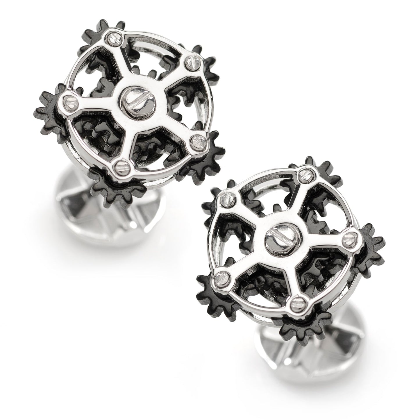 The Rotating Gear Cufflinks by Cufflinks.com feature a sterling silver and black design resembling interlocking gears, shown on a white background.