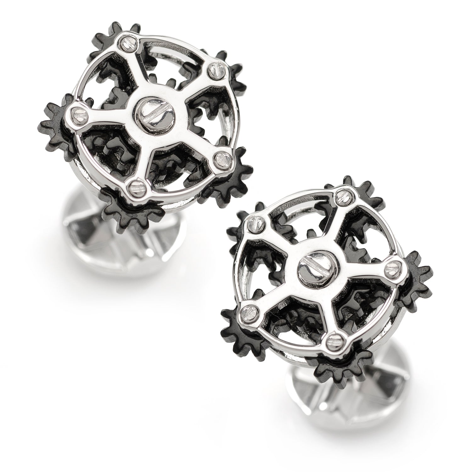The Rotating Gear Cufflinks by Cufflinks.com feature a sterling silver and black design resembling interlocking gears, shown on a white background.