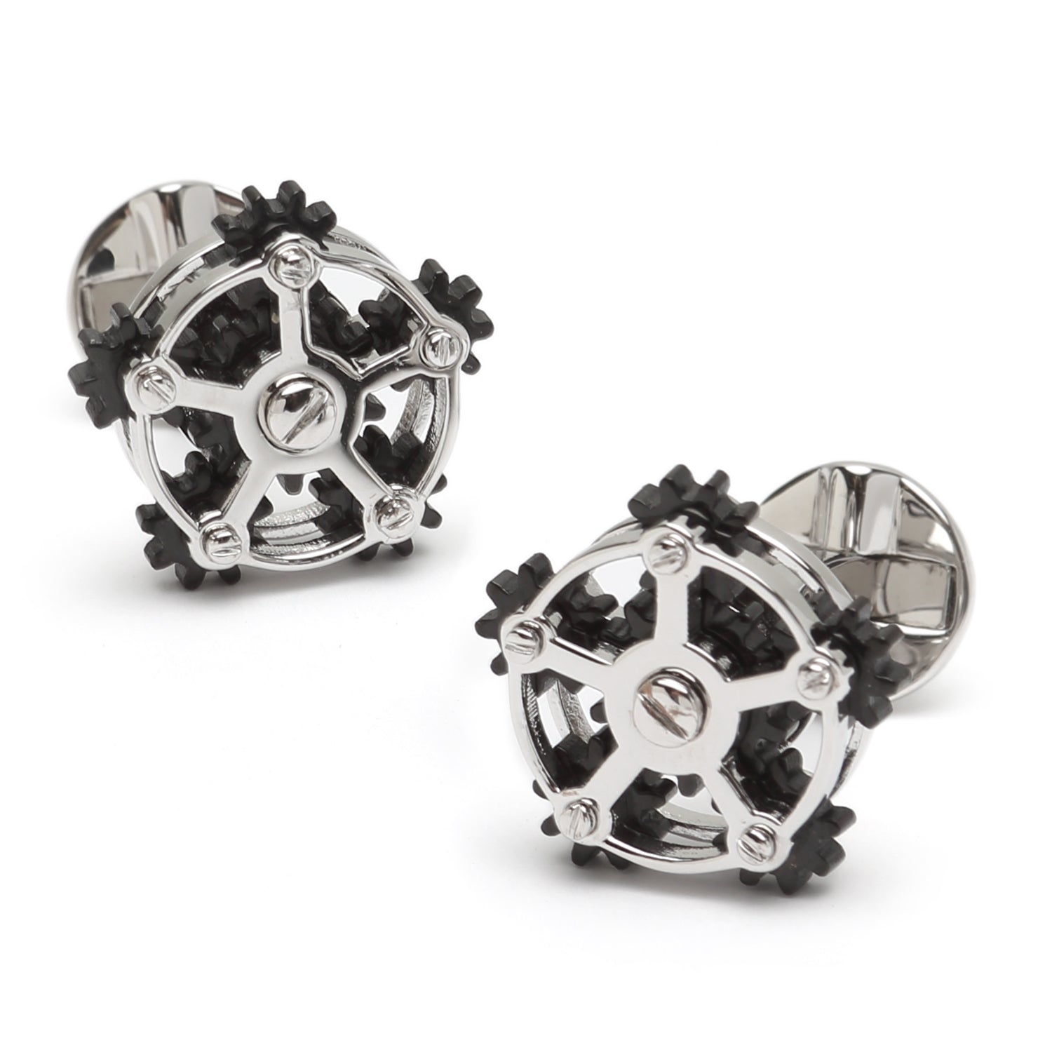 The Rotating Gear Cufflinks by Cufflinks.com feature a sterling silver and black design resembling interlocking gears, shown on a white background.