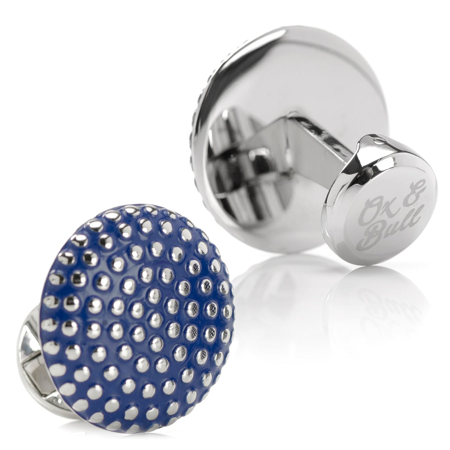 The Navy Circle Dot Texture Cufflinks by Cufflinks.com feature a blue round design with raised dot texture set in a shiny metal base.