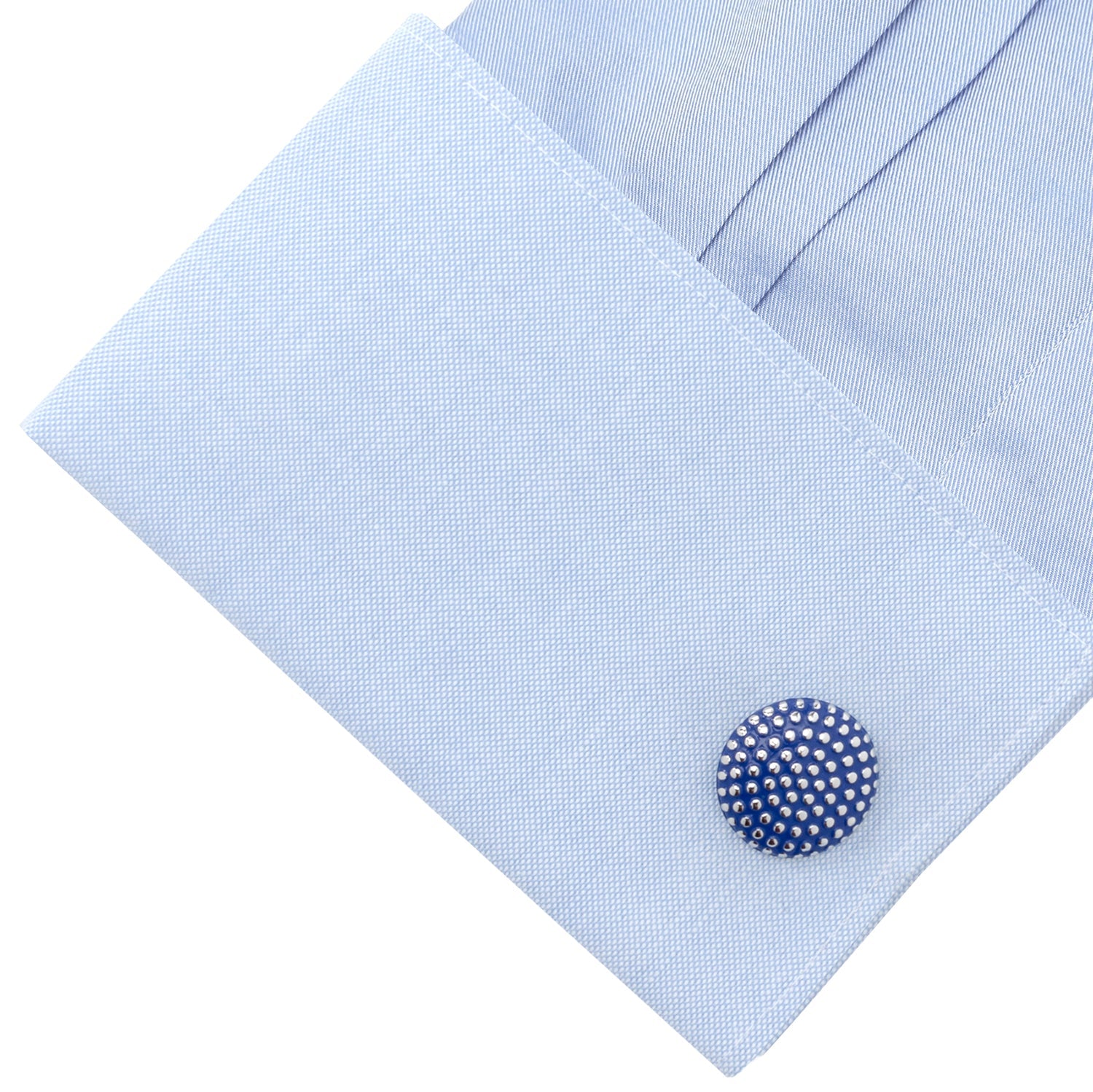 The Navy Circle Dot Texture Cufflinks by Cufflinks.com feature a blue round design with raised dot texture set in a shiny metal base.