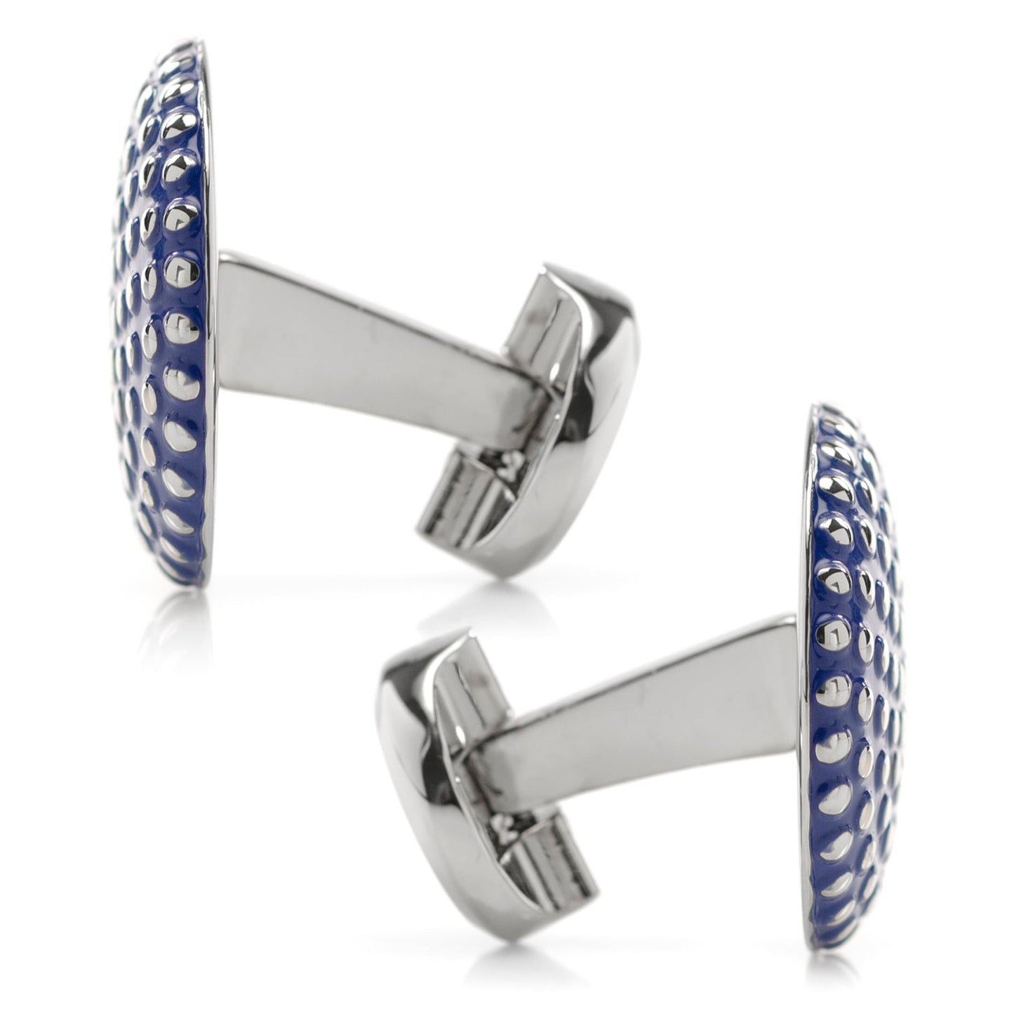The Navy Circle Dot Texture Cufflinks by Cufflinks.com feature a blue round design with raised dot texture set in a shiny metal base.