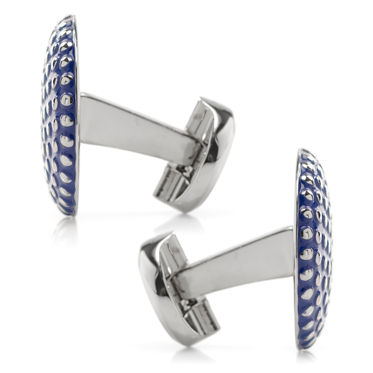 The Navy Circle Dot Texture Cufflinks by Cufflinks.com feature a blue round design with raised dot texture set in a shiny metal base.