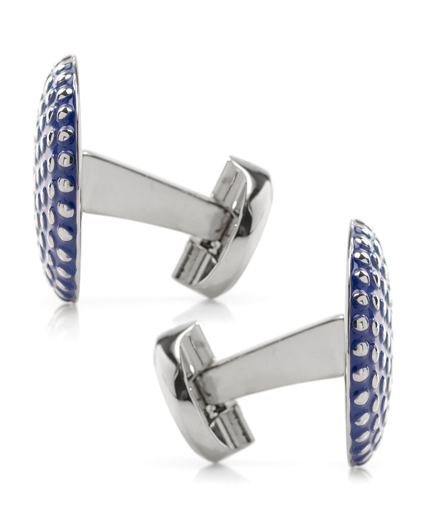 The Navy Circle Dot Texture Cufflinks by Cufflinks.com feature a blue round design with raised dot texture set in a shiny metal base.