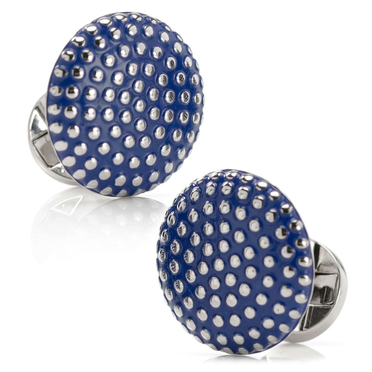 The Navy Circle Dot Texture Cufflinks by Cufflinks.com feature a blue round design with raised dot texture set in a shiny metal base.