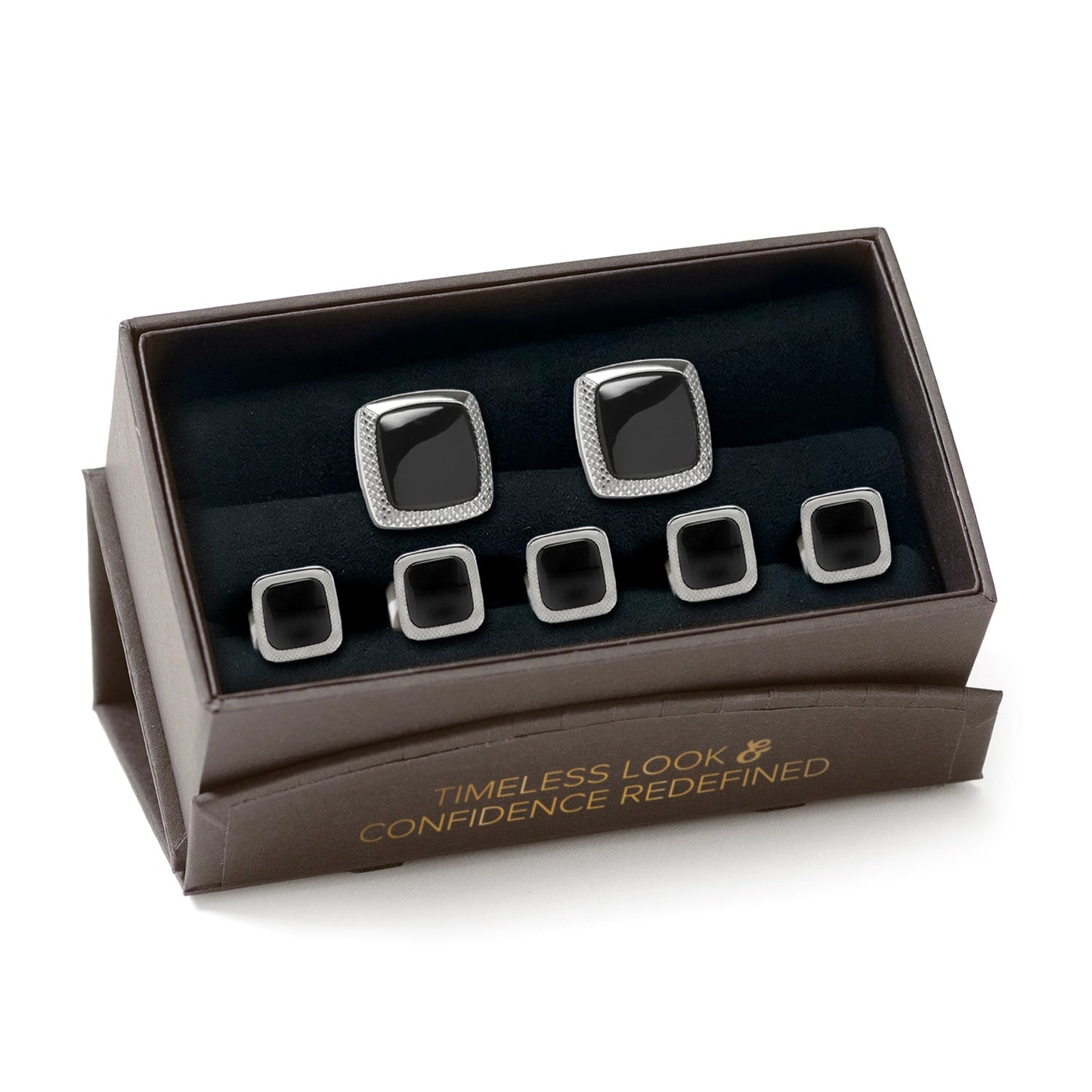The Onyx Cushion Stainless Steel 5-Stud Set by Cufflinks.com features silver cufflinks and stainless steel studs with black square centers, shown on a white background.