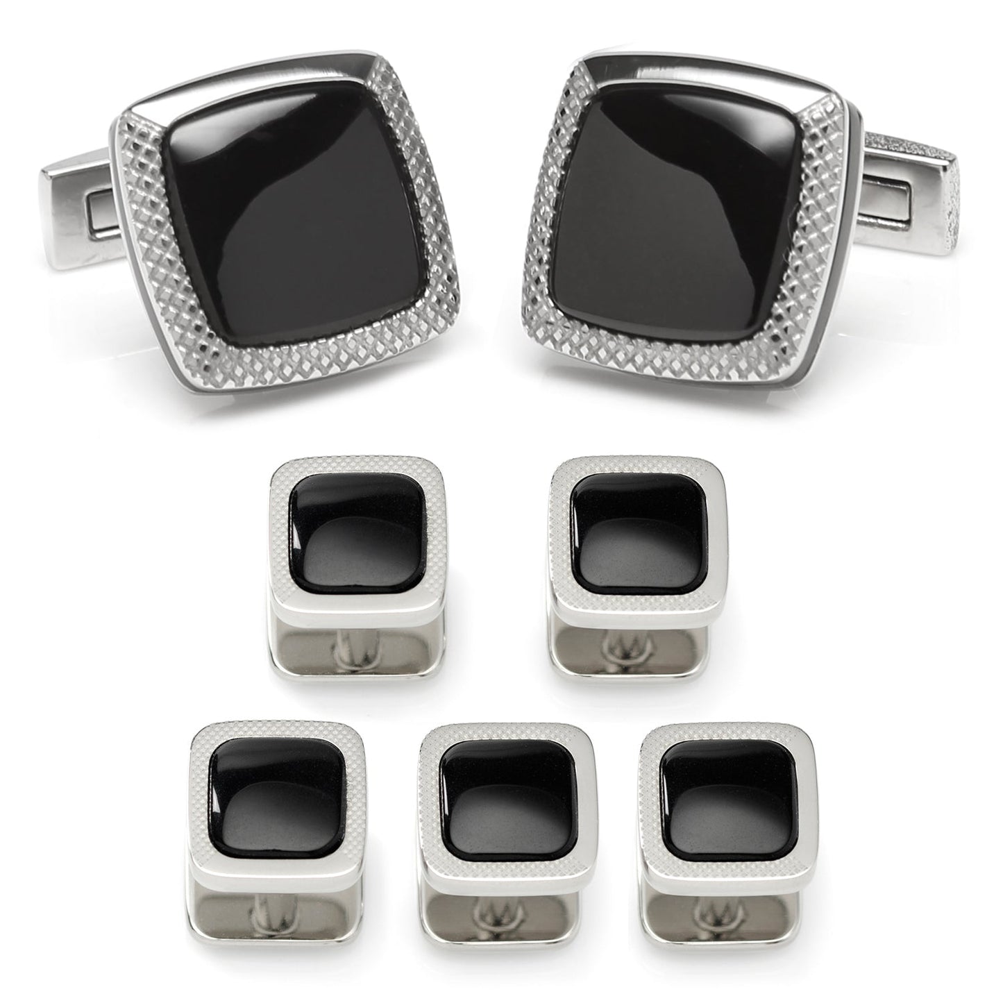 The Onyx Cushion Stainless Steel 5-Stud Set by Cufflinks.com features silver cufflinks and stainless steel studs with black square centers, shown on a white background.