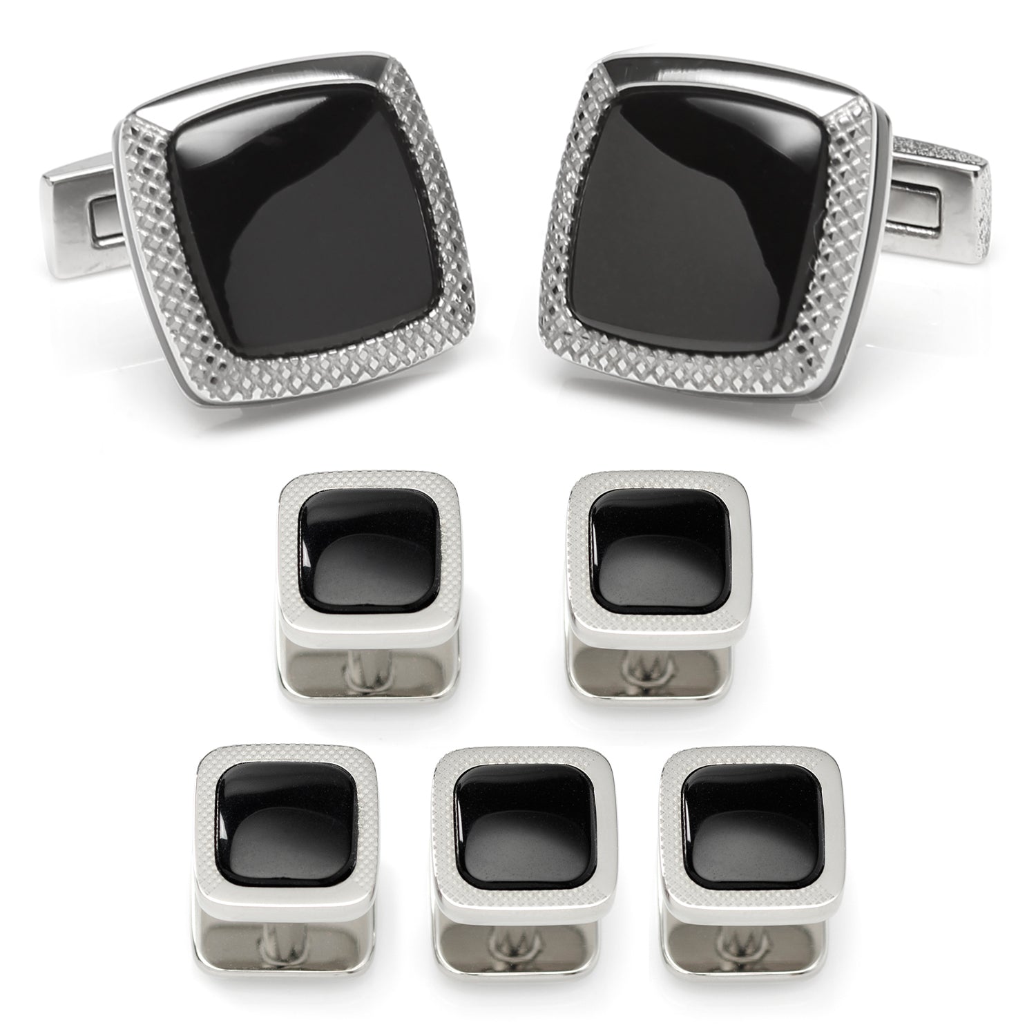 The Onyx Cushion Stainless Steel 5-Stud Set by Cufflinks.com features silver cufflinks and stainless steel studs with black square centers, shown on a white background.